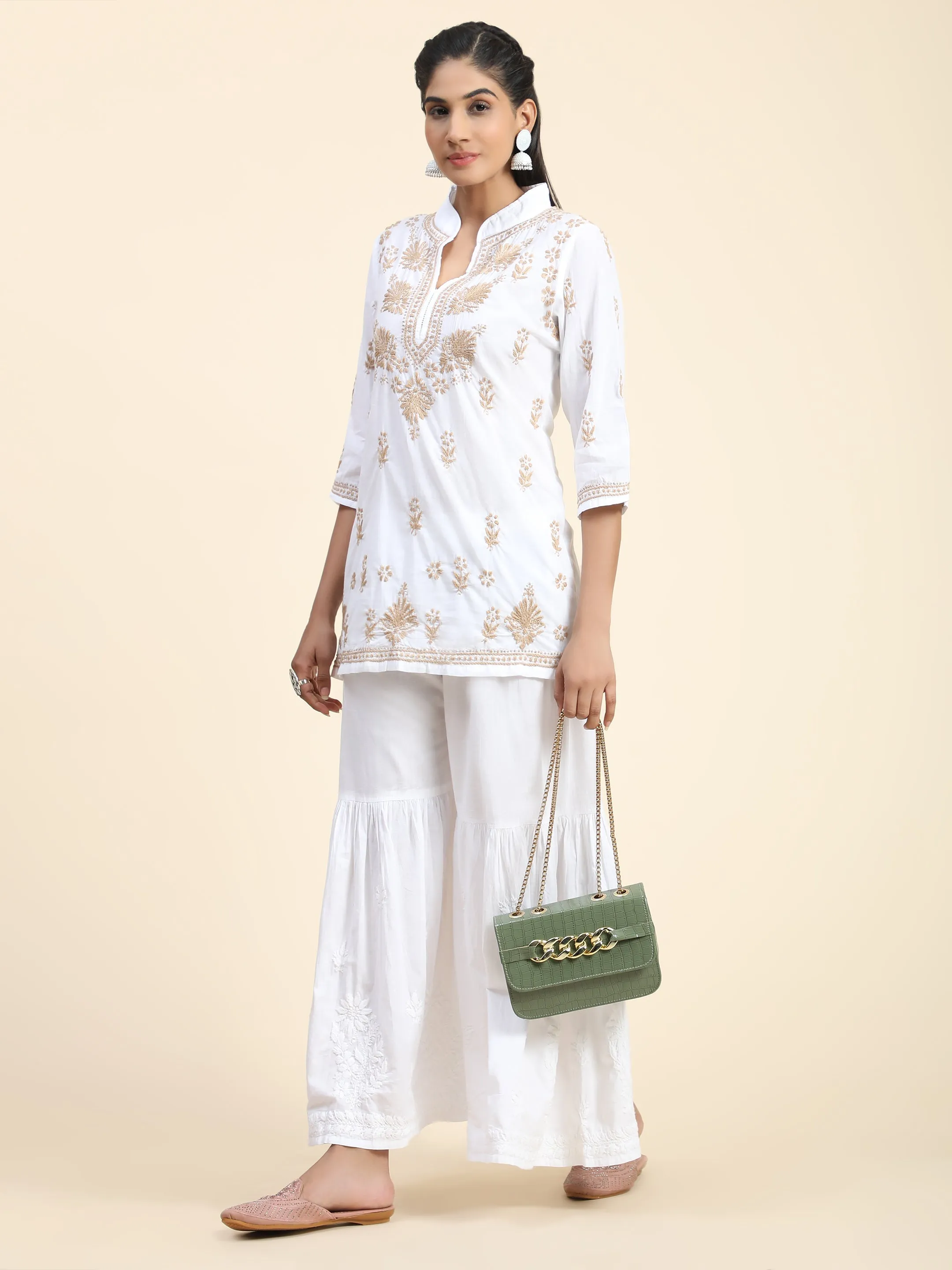 Hand Embroidery Chikankari Printed Short Cotton Tunics-White With Golden