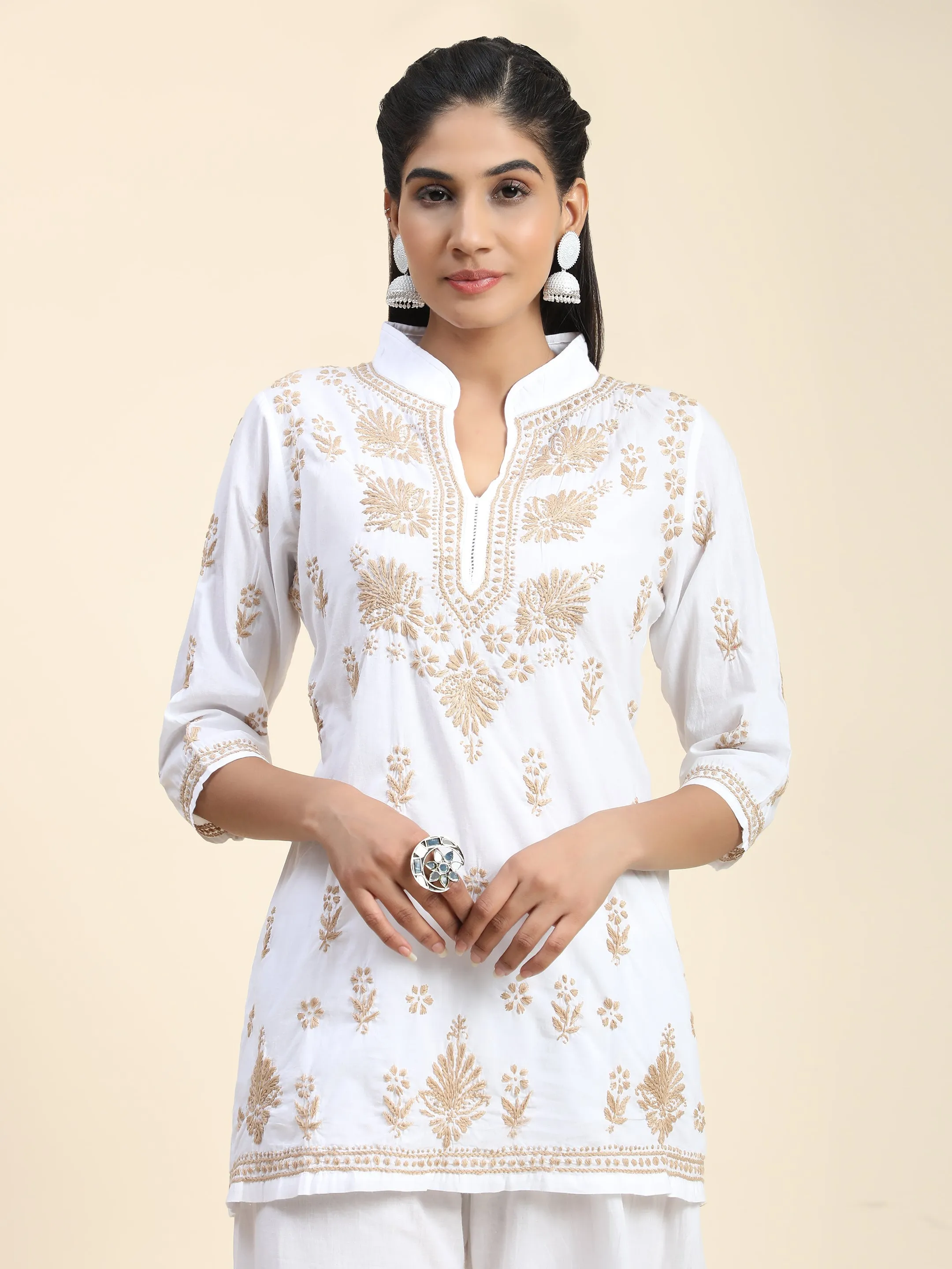 Hand Embroidery Chikankari Printed Short Cotton Tunics-White With Golden