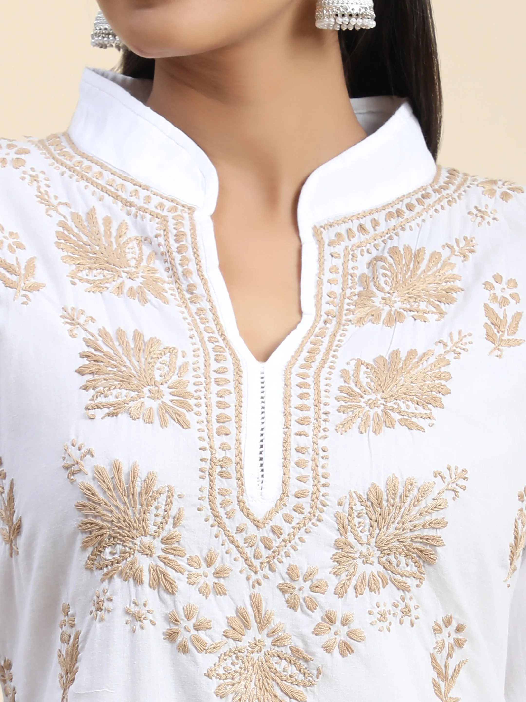 Hand Embroidery Chikankari Printed Short Cotton Tunics-White With Golden