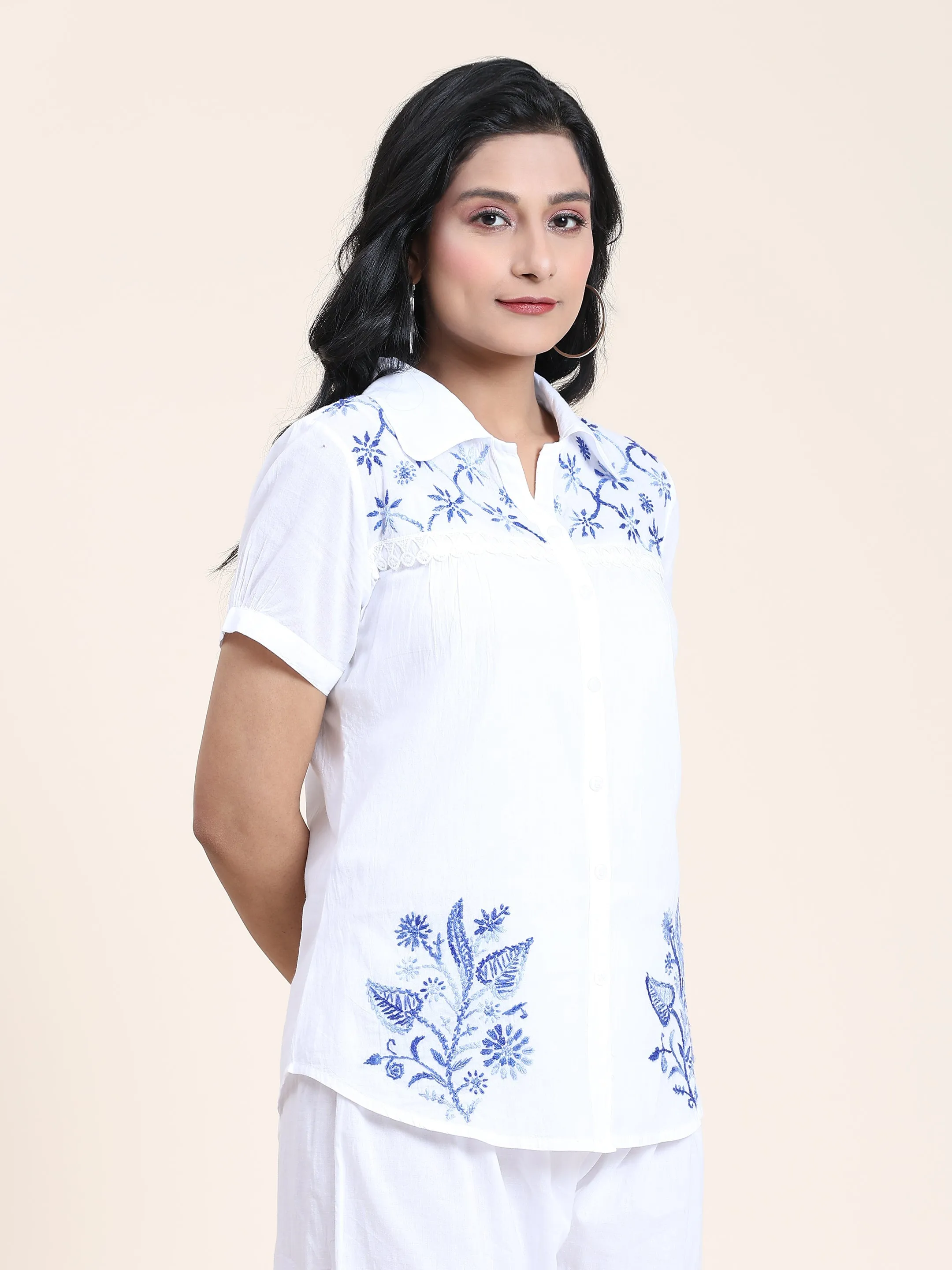 Hand embroidery Chikankari tunic-White With Blue