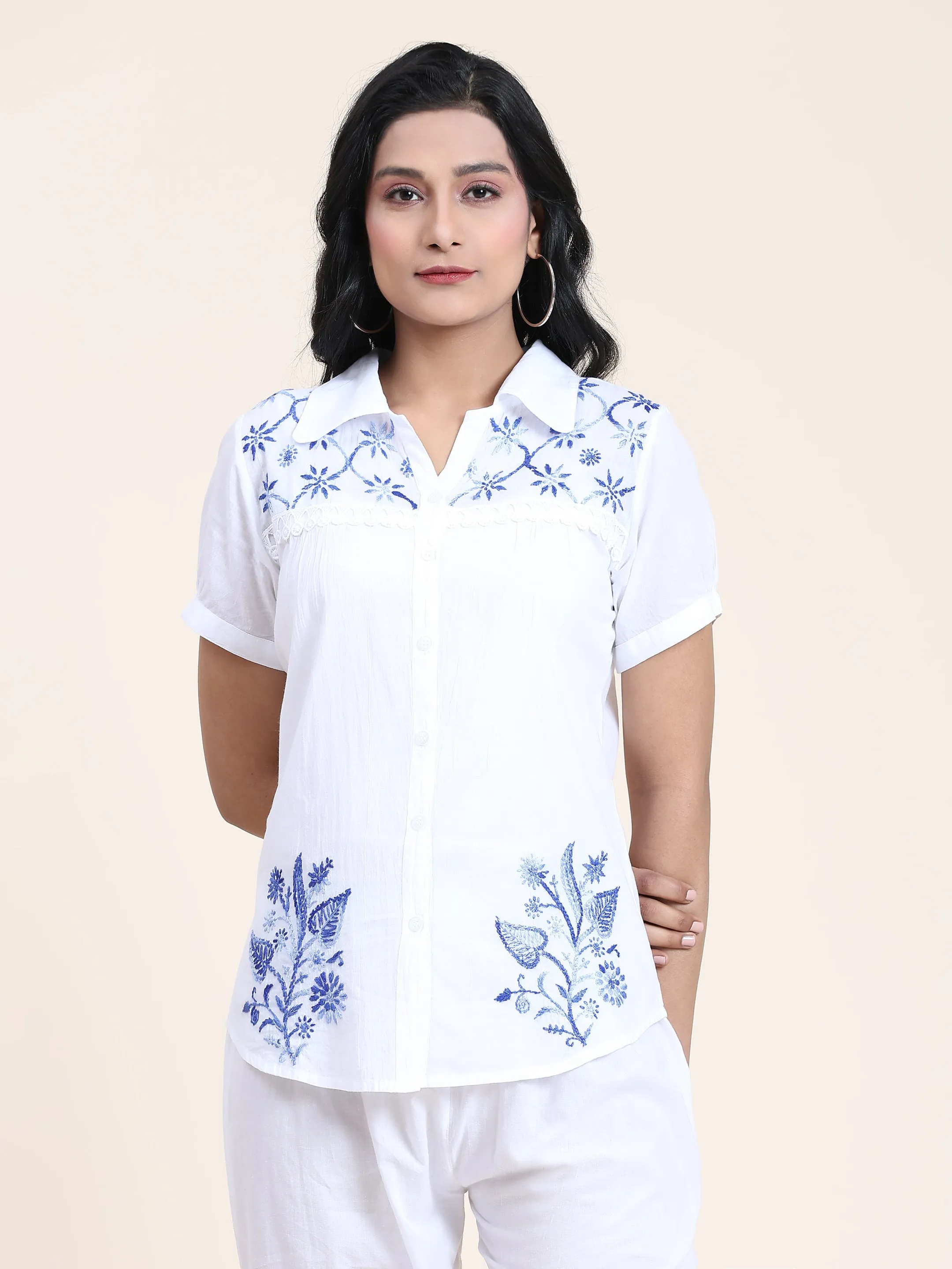 Hand embroidery Chikankari tunic-White With Blue