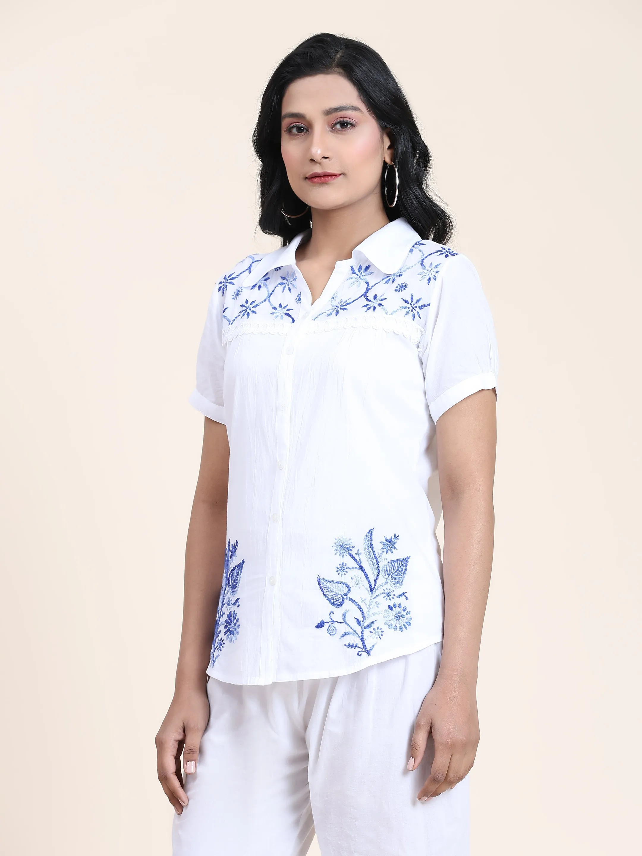 Hand embroidery Chikankari tunic-White With Blue