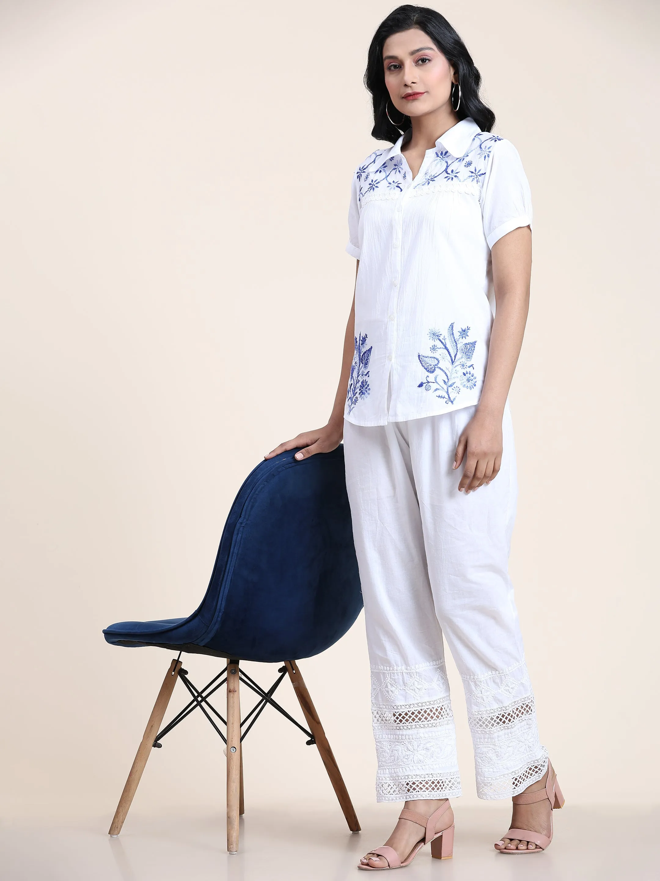 Hand embroidery Chikankari tunic-White With Blue