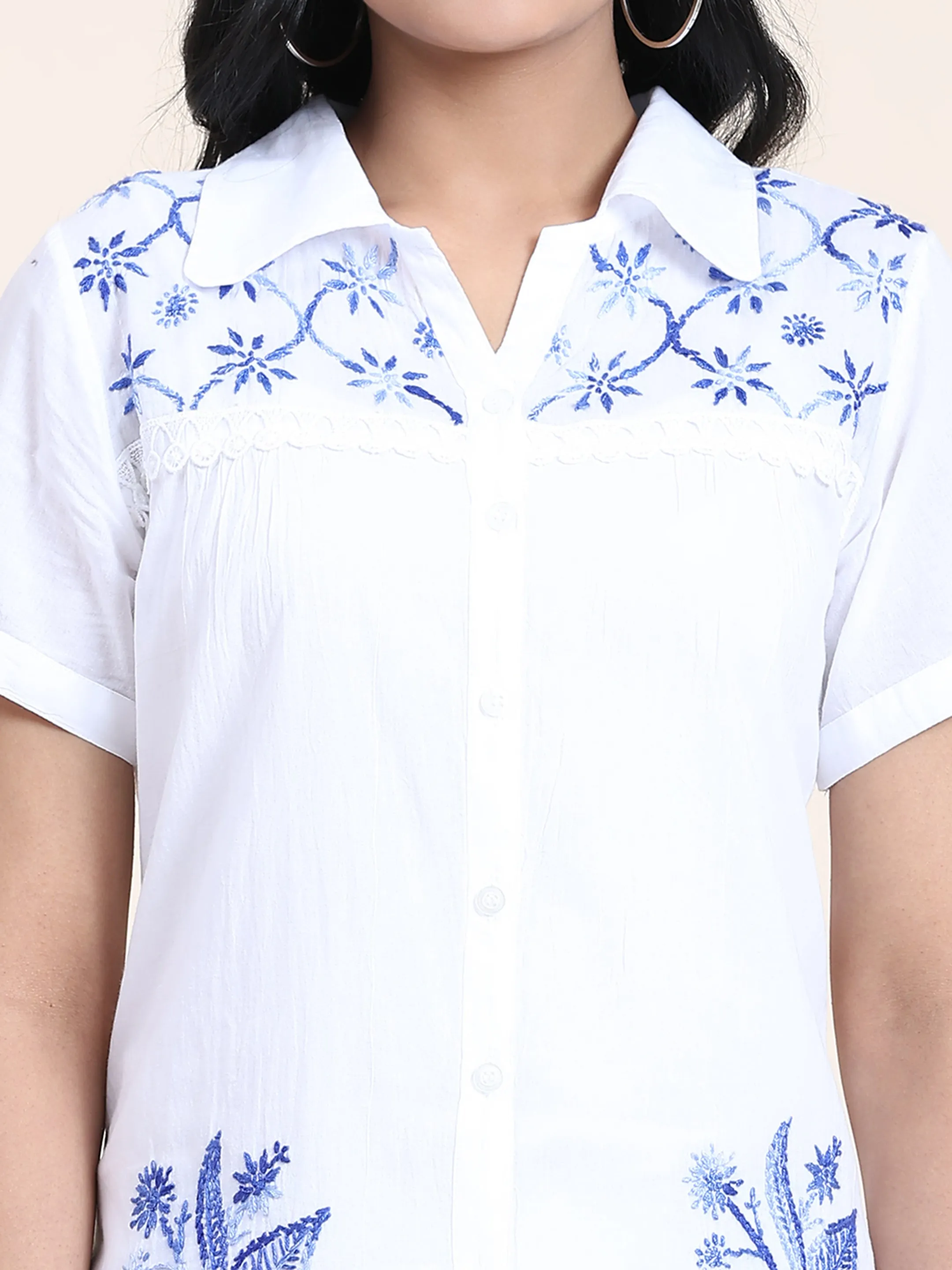 Hand embroidery Chikankari tunic-White With Blue