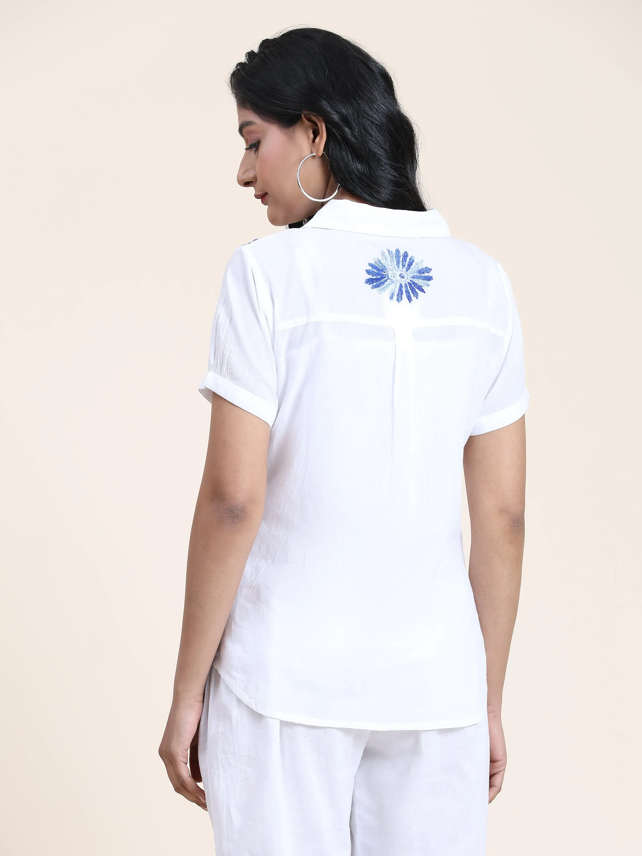 Hand embroidery Chikankari tunic-White With Blue