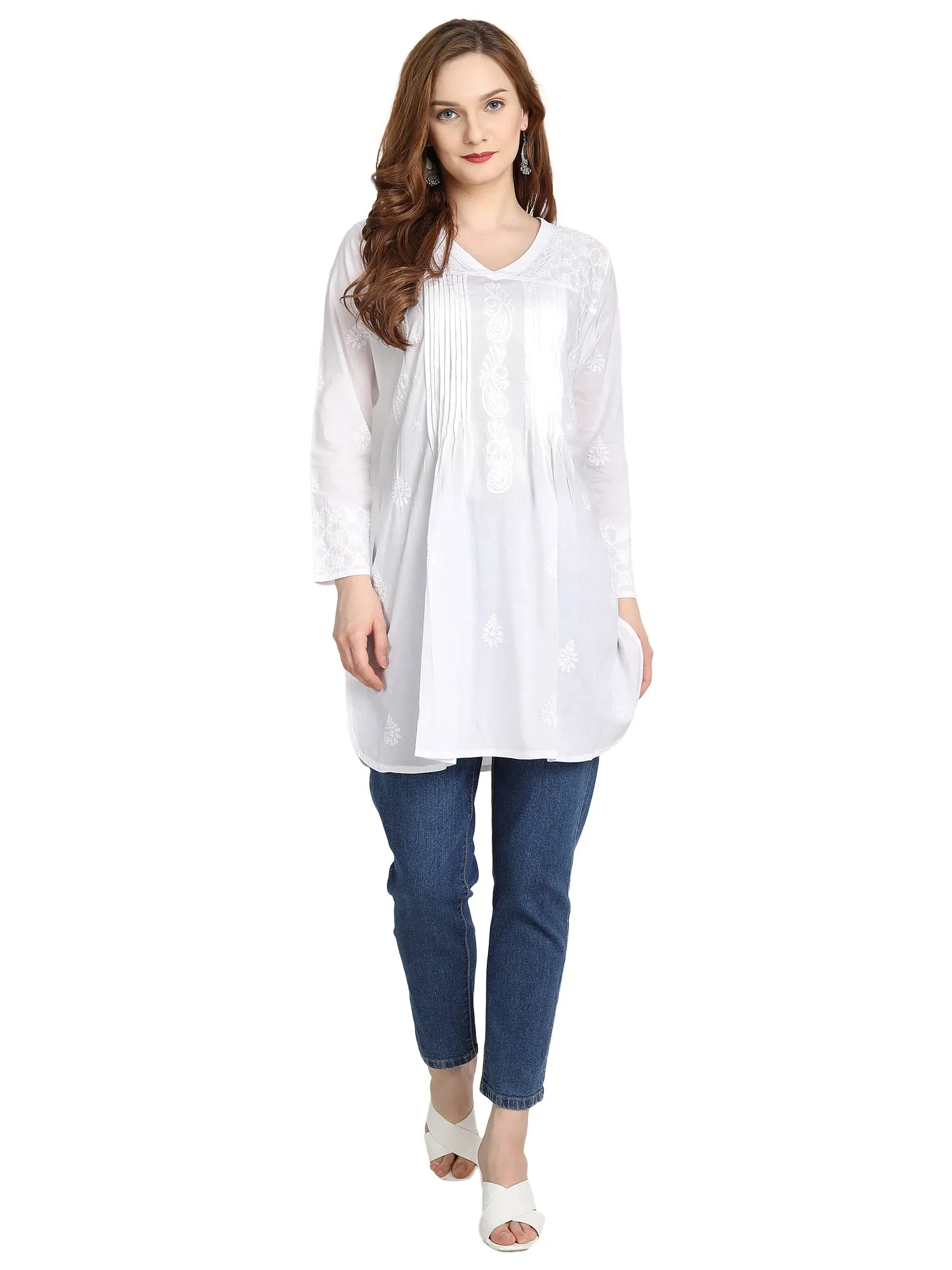 Hand embroidery Chikankari tunic-White