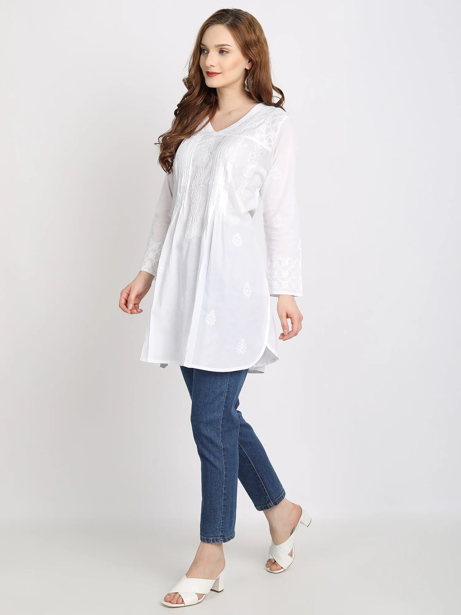 Hand embroidery Chikankari tunic-White