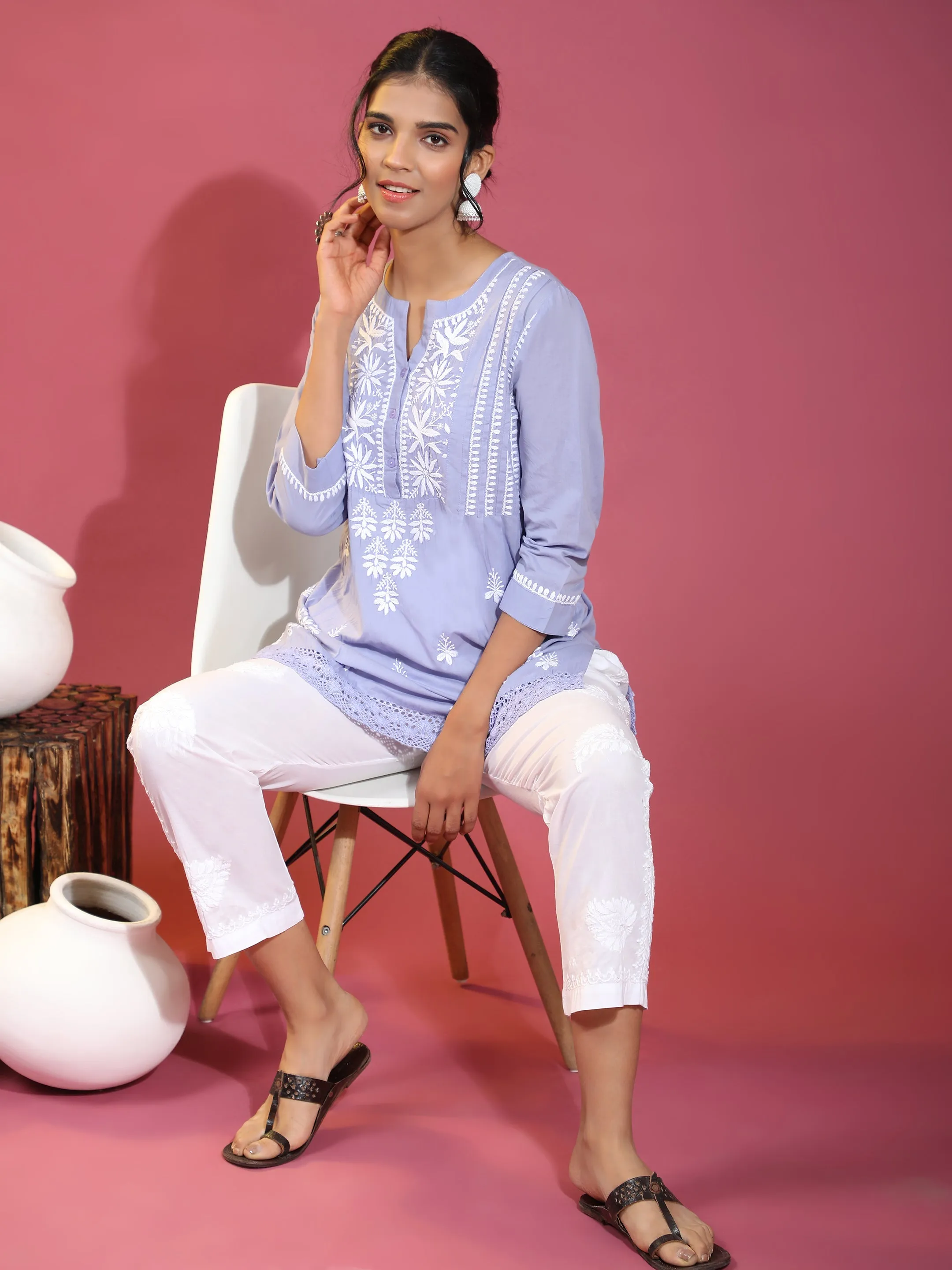 Hand Embroidery Chinakari Short Cotton Tunics-Blue