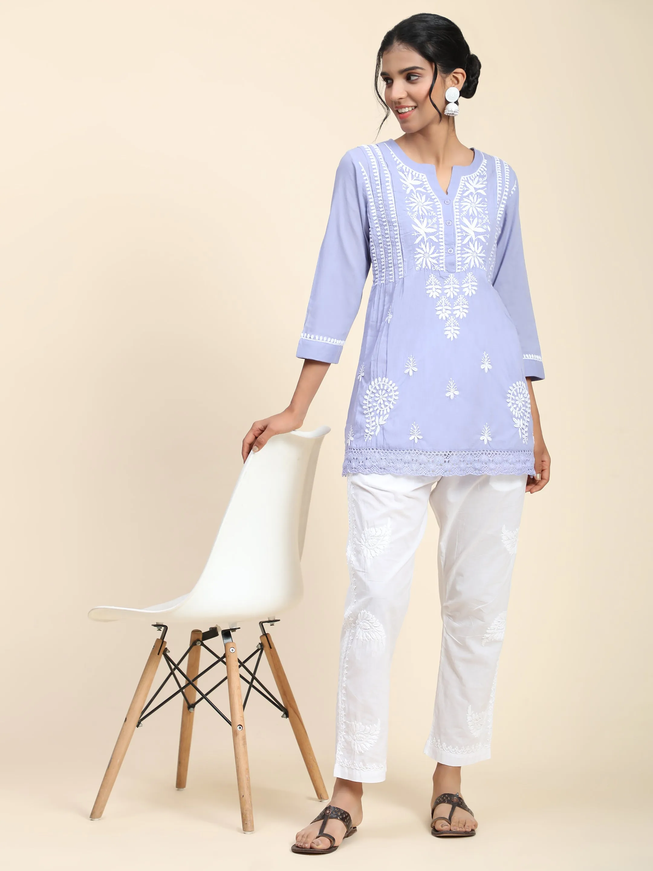 Hand Embroidery Chinakari Short Cotton Tunics-Blue