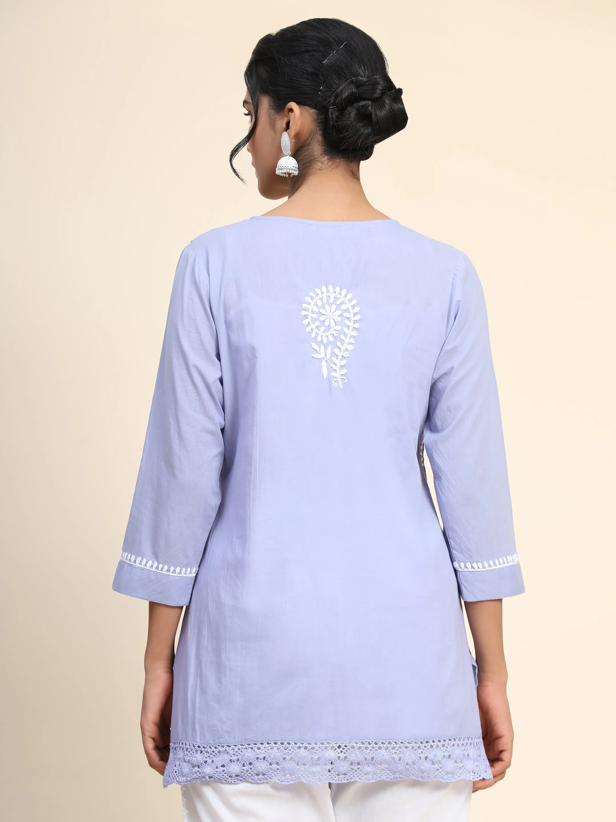 Hand Embroidery Chinakari Short Cotton Tunics-Blue