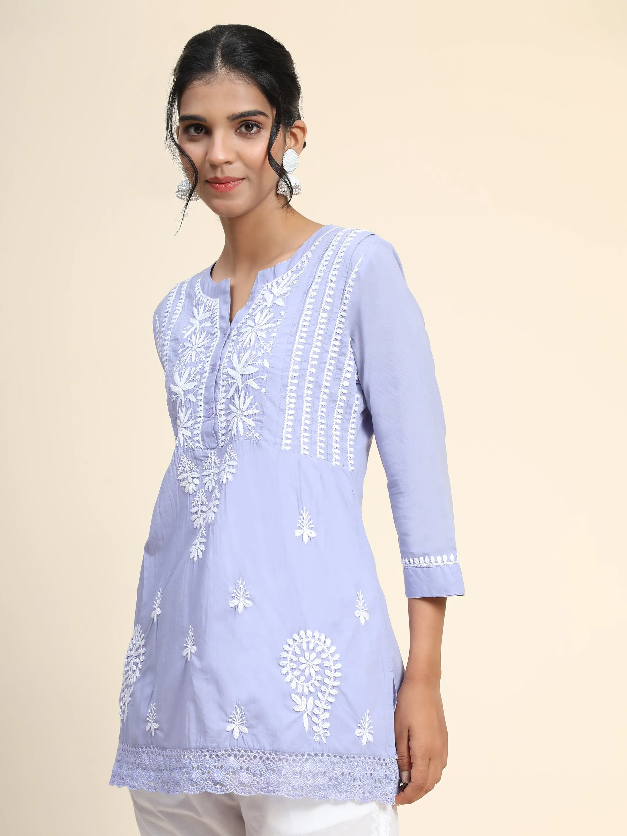 Hand Embroidery Chinakari Short Cotton Tunics-Blue