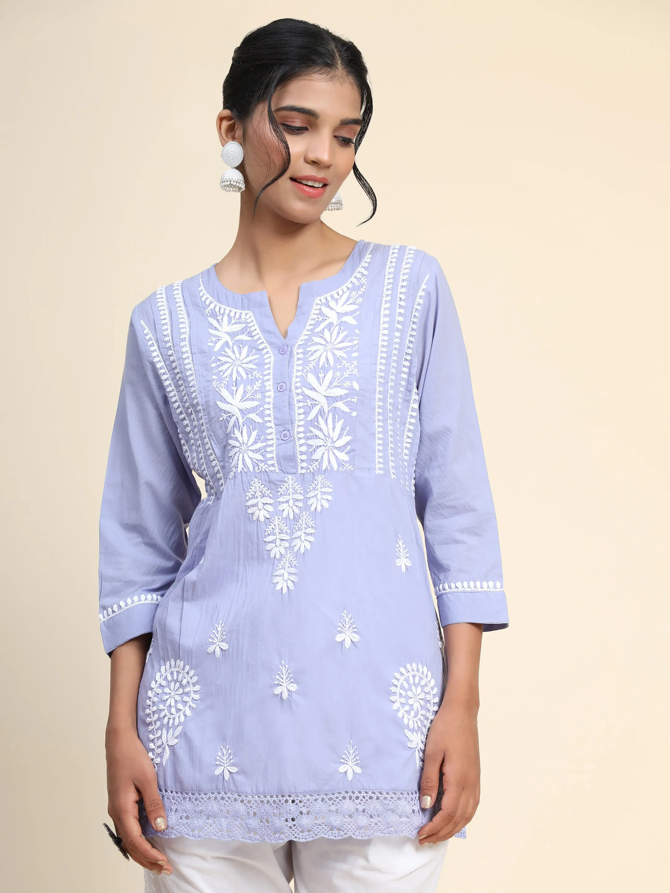 Hand Embroidery Chinakari Short Cotton Tunics-Blue