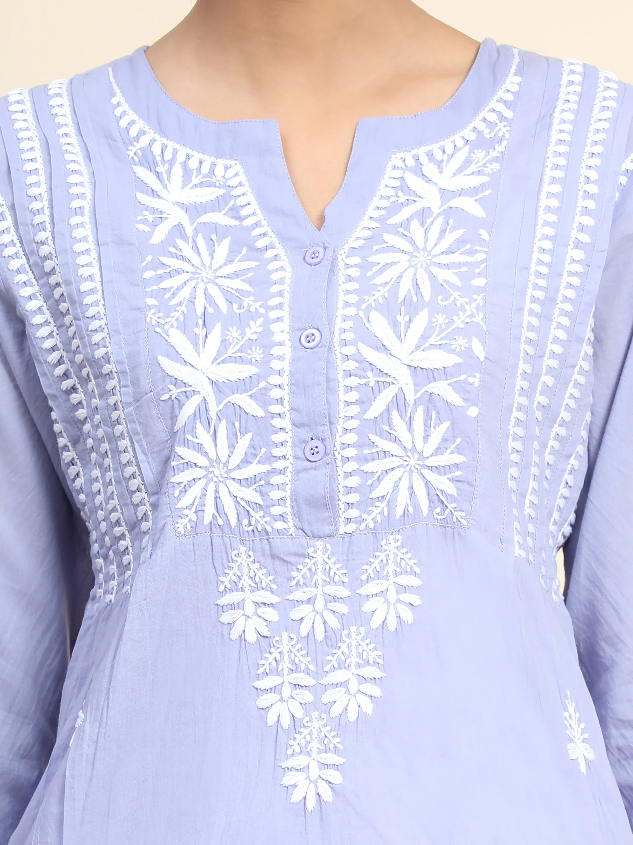 Hand Embroidery Chinakari Short Cotton Tunics-Blue