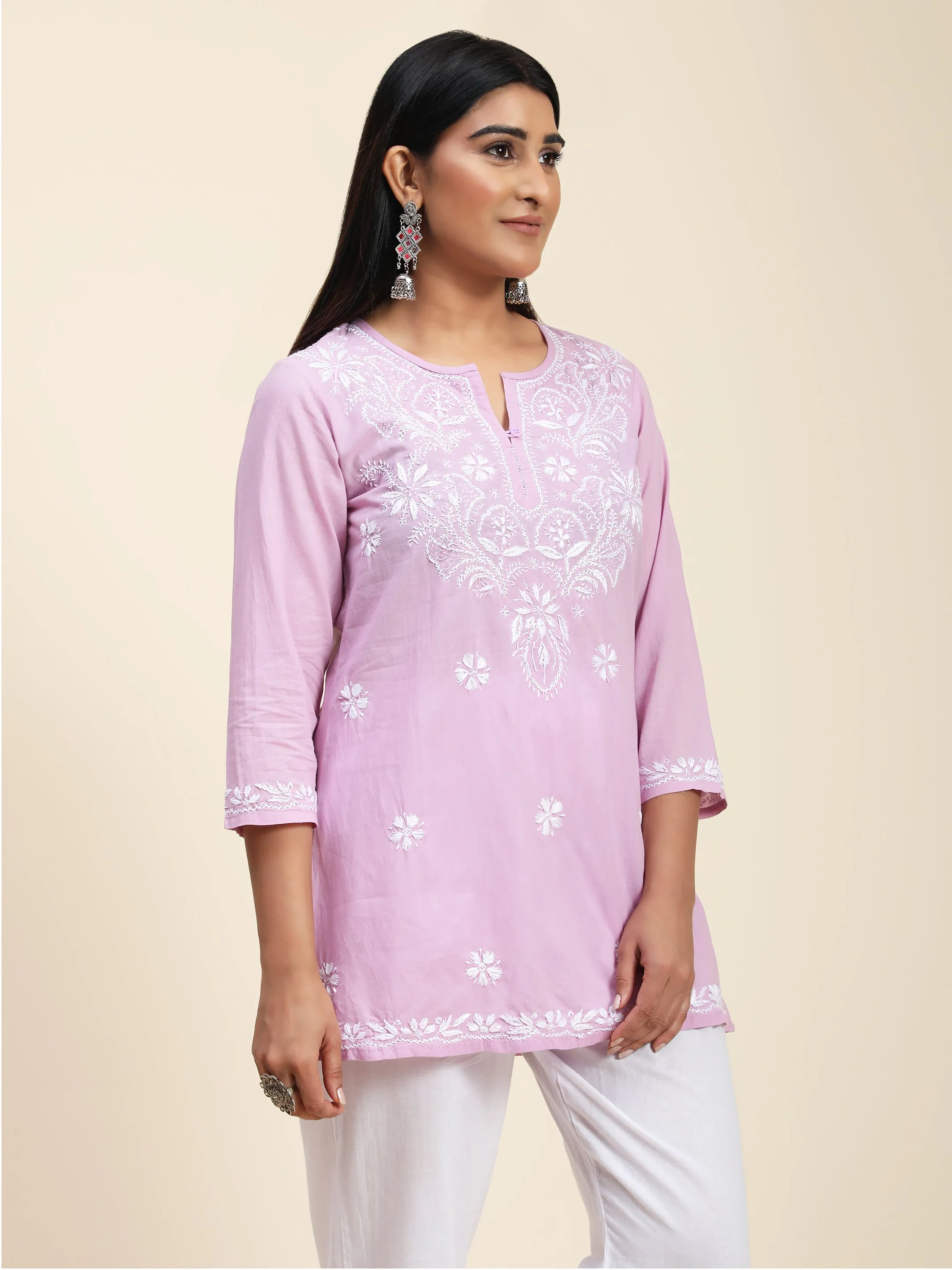 Hand Embroidery Chinakari Short Cotton Tunics-Purple