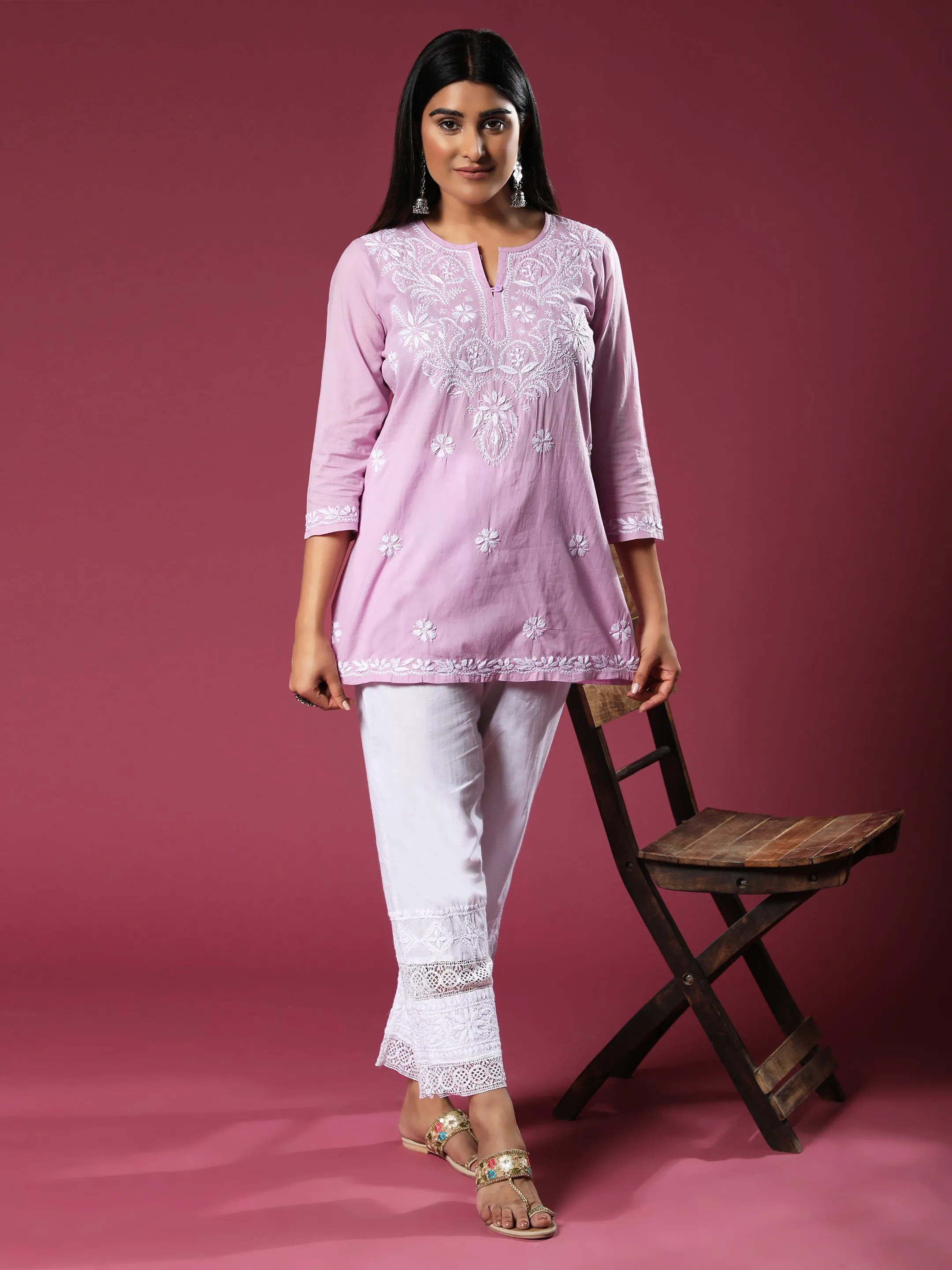 Hand Embroidery Chinakari Short Cotton Tunics-Purple