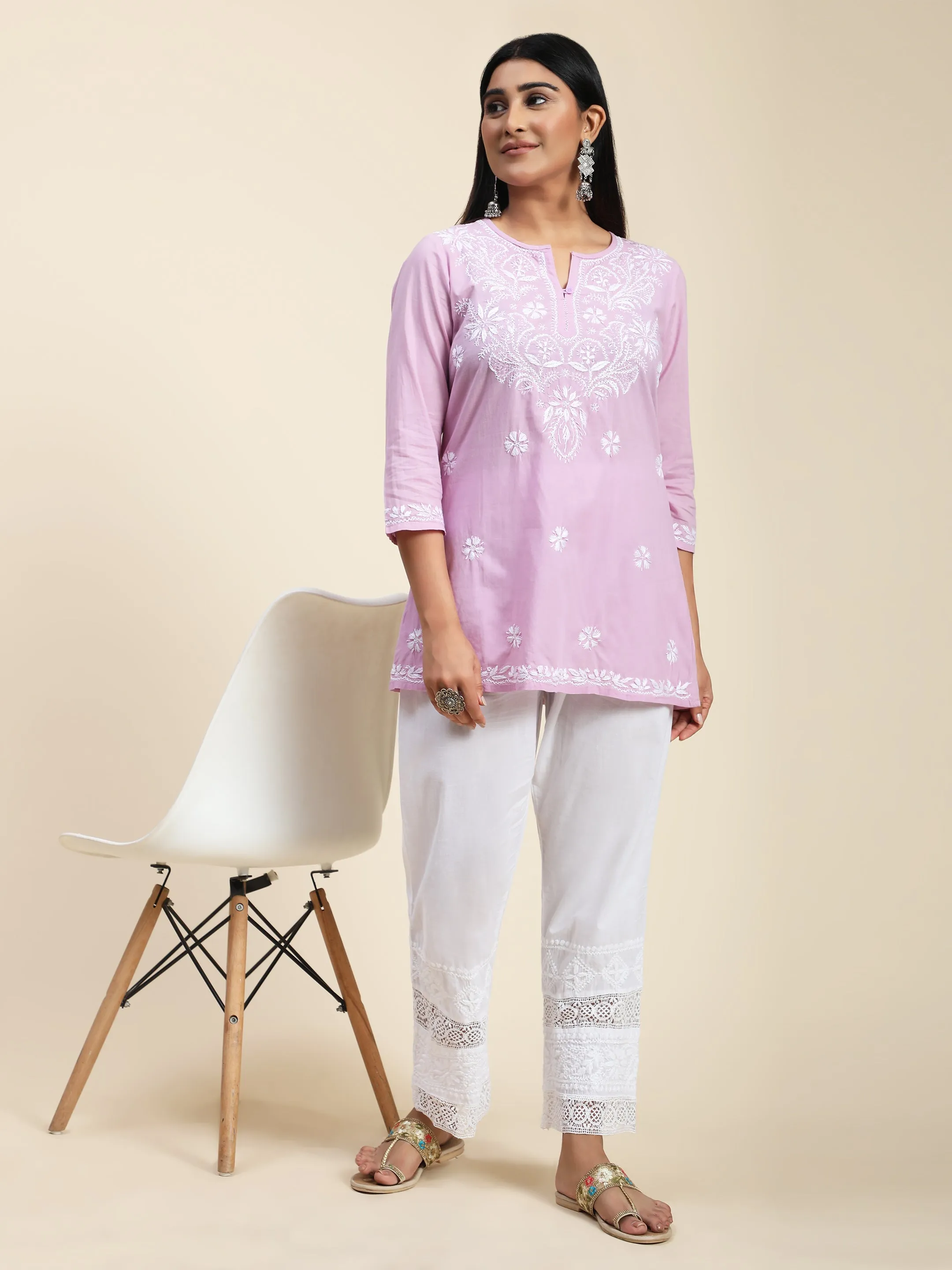 Hand Embroidery Chinakari Short Cotton Tunics-Purple