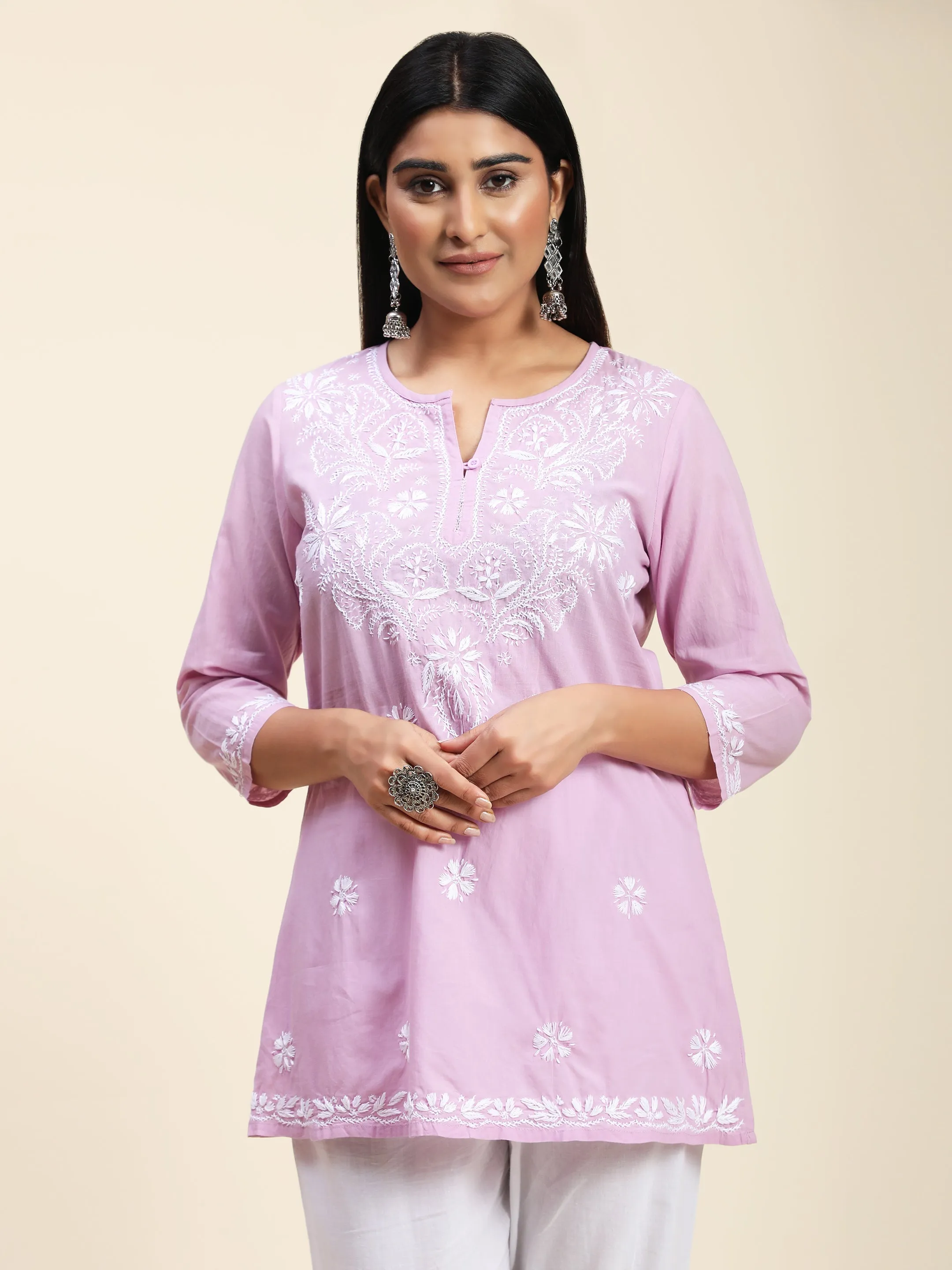 Hand Embroidery Chinakari Short Cotton Tunics-Purple