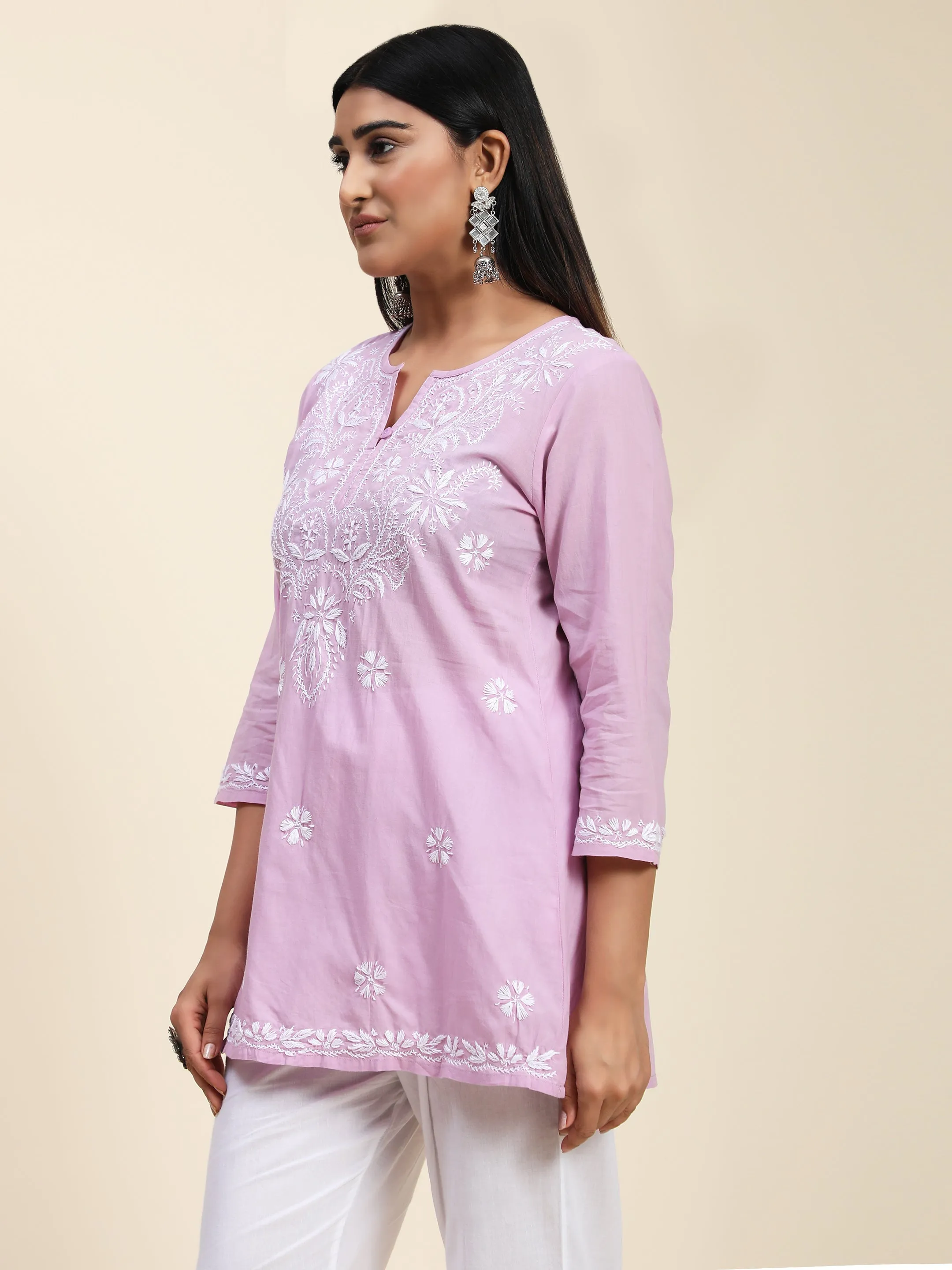 Hand Embroidery Chinakari Short Cotton Tunics-Purple