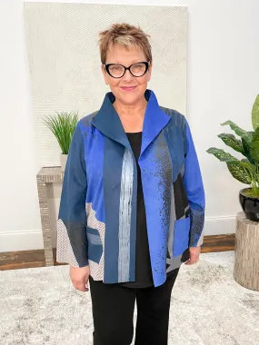 Hand-Printed Open Front Jacket, Blue