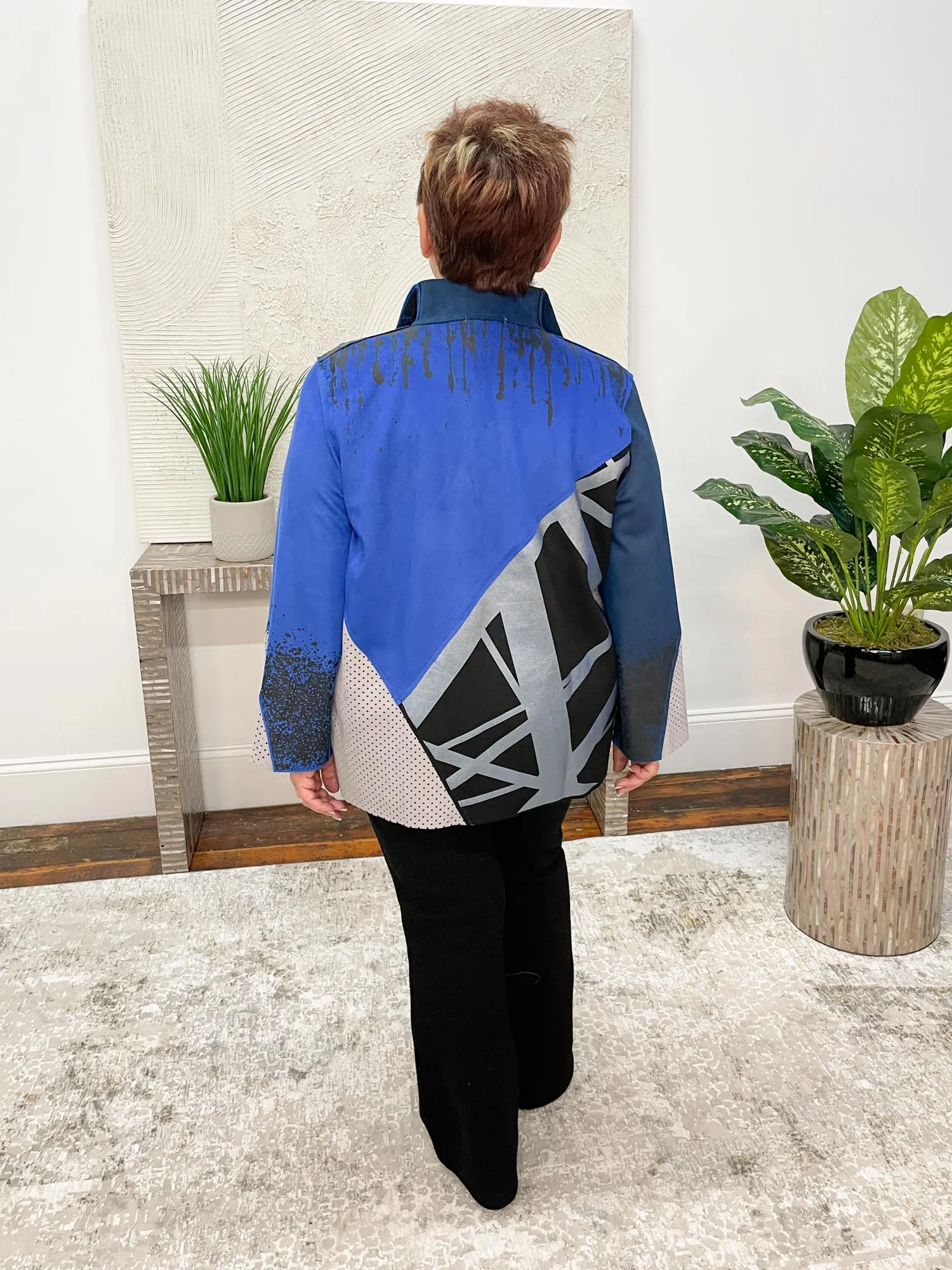 Hand-Printed Open Front Jacket, Blue