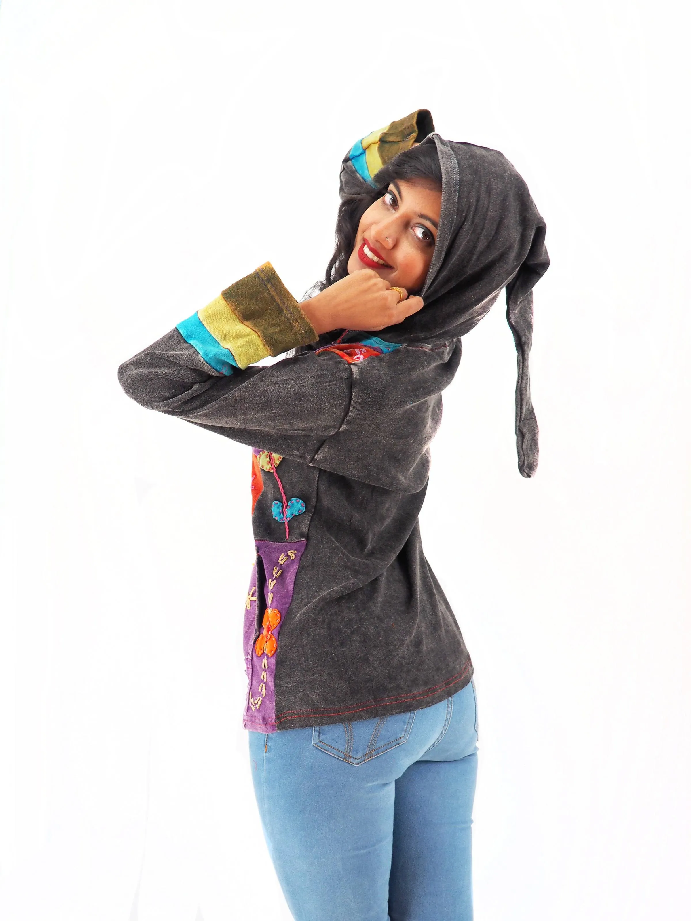 Handmade Patchwork Boho Hoodie 100% Pre-Washed Cotton Pixie Hood Purple Tones S-M-L-XL