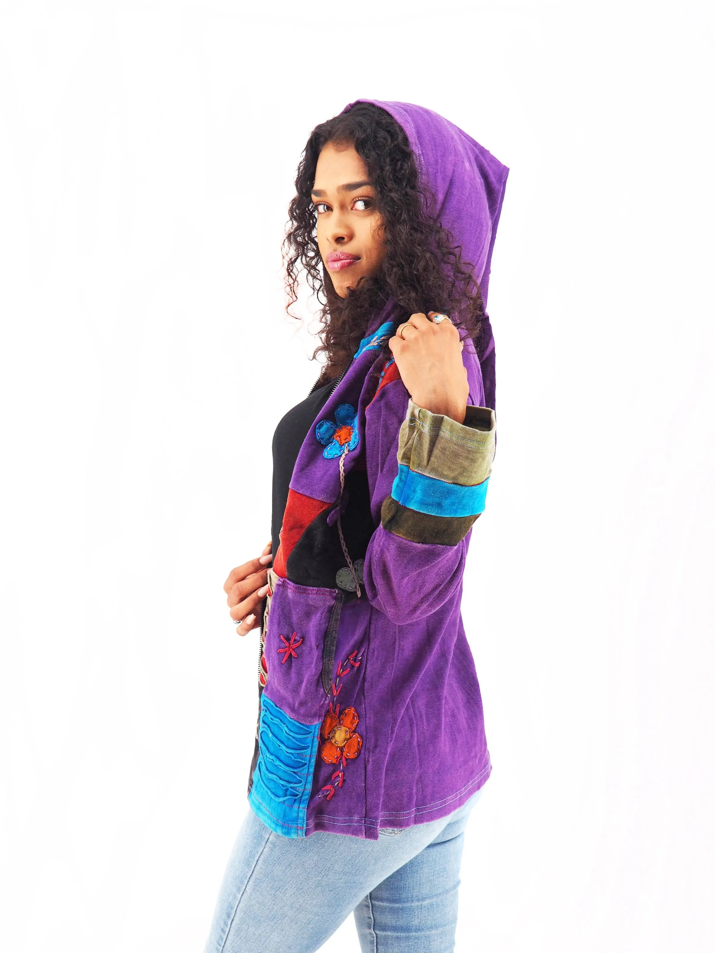 Handmade Patchwork Boho Hoodie 100% Pre-Washed Cotton Pixie Hood Purple Tones S-M-L-XL