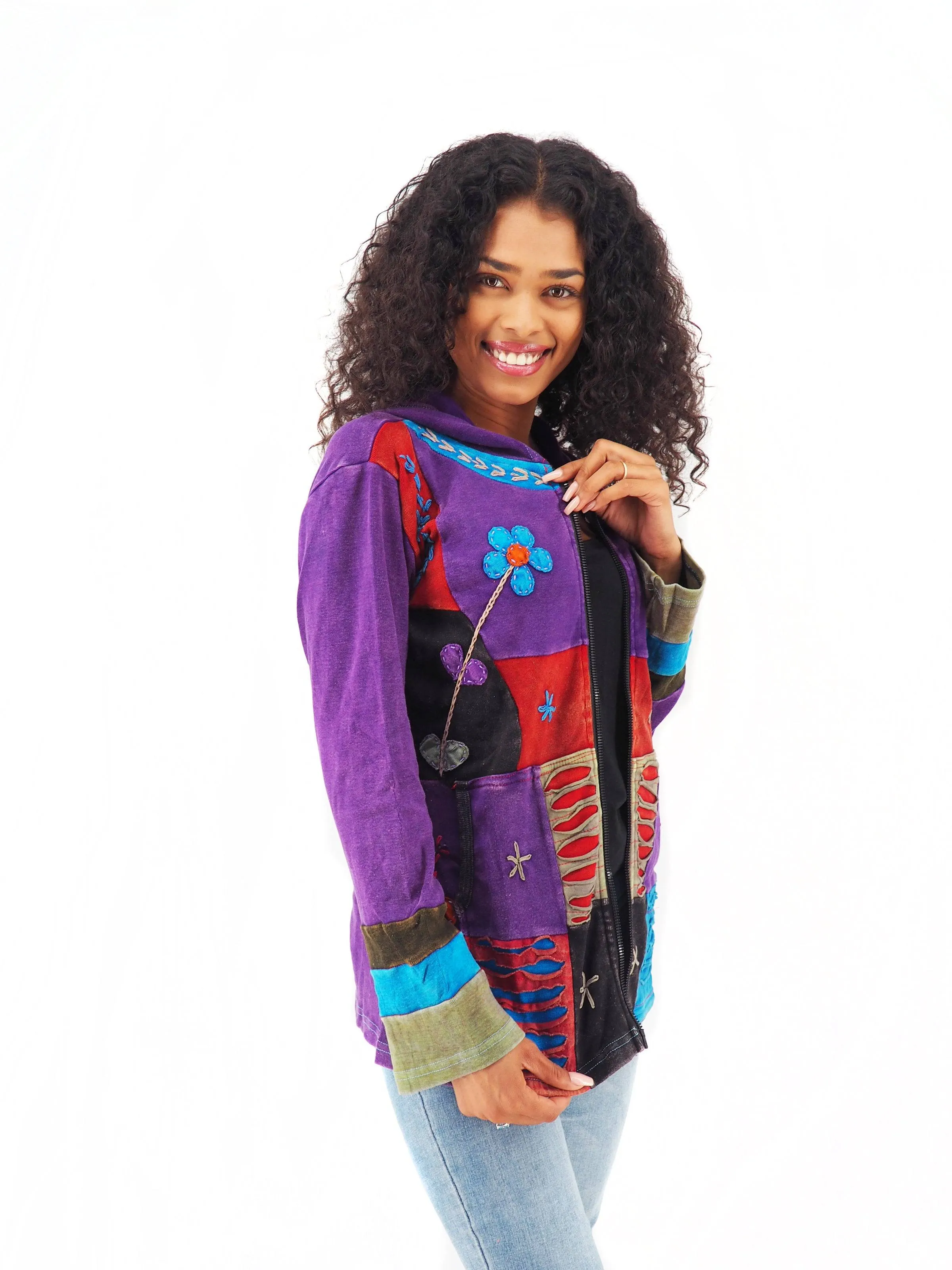 Handmade Patchwork Boho Hoodie 100% Pre-Washed Cotton Pixie Hood Purple Tones S-M-L-XL