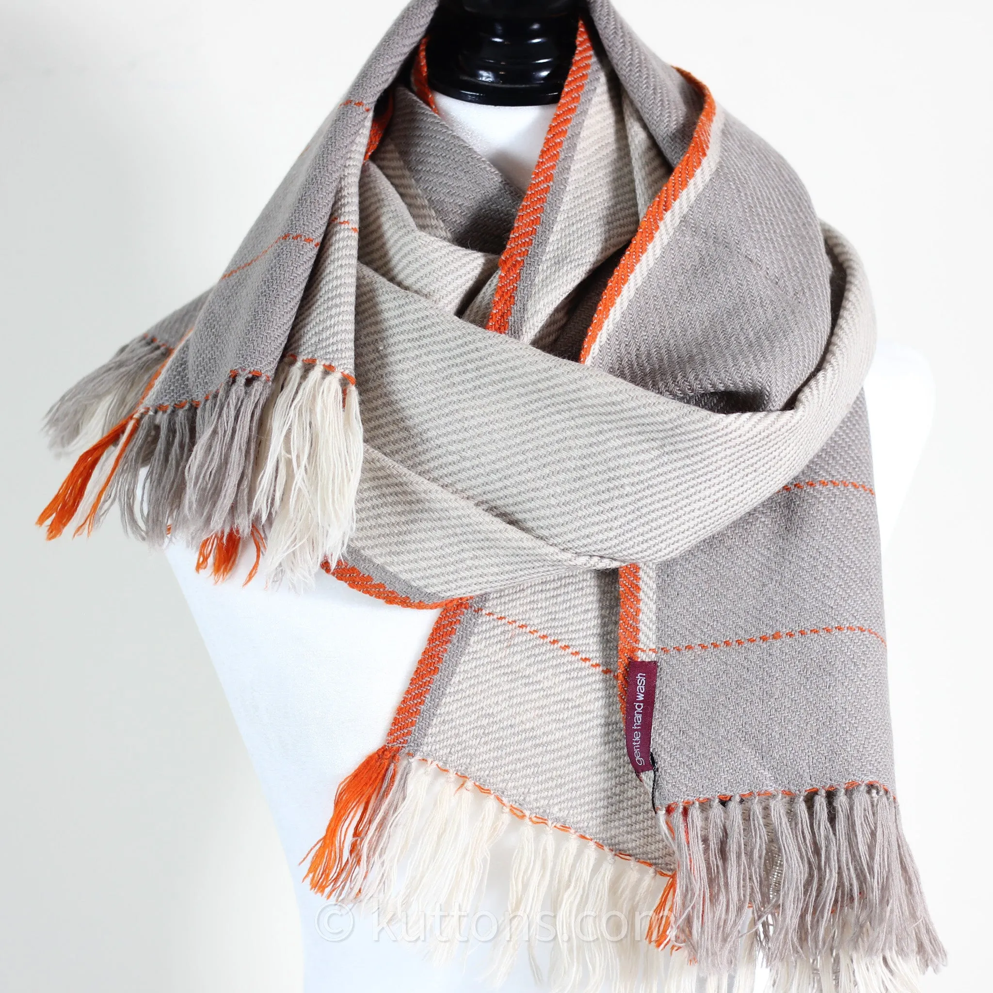 Handwoven Merino-Himalayan Wool Stole - Naturally Dyed Wrap with Tea, Tesu Flowers and Harada | Cream-Gray, 21"x80"