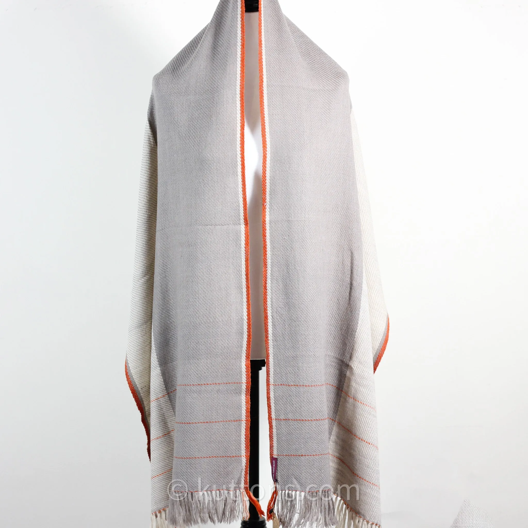 Handwoven Merino-Himalayan Wool Stole - Naturally Dyed Wrap with Tea, Tesu Flowers and Harada | Cream-Gray, 21"x80"