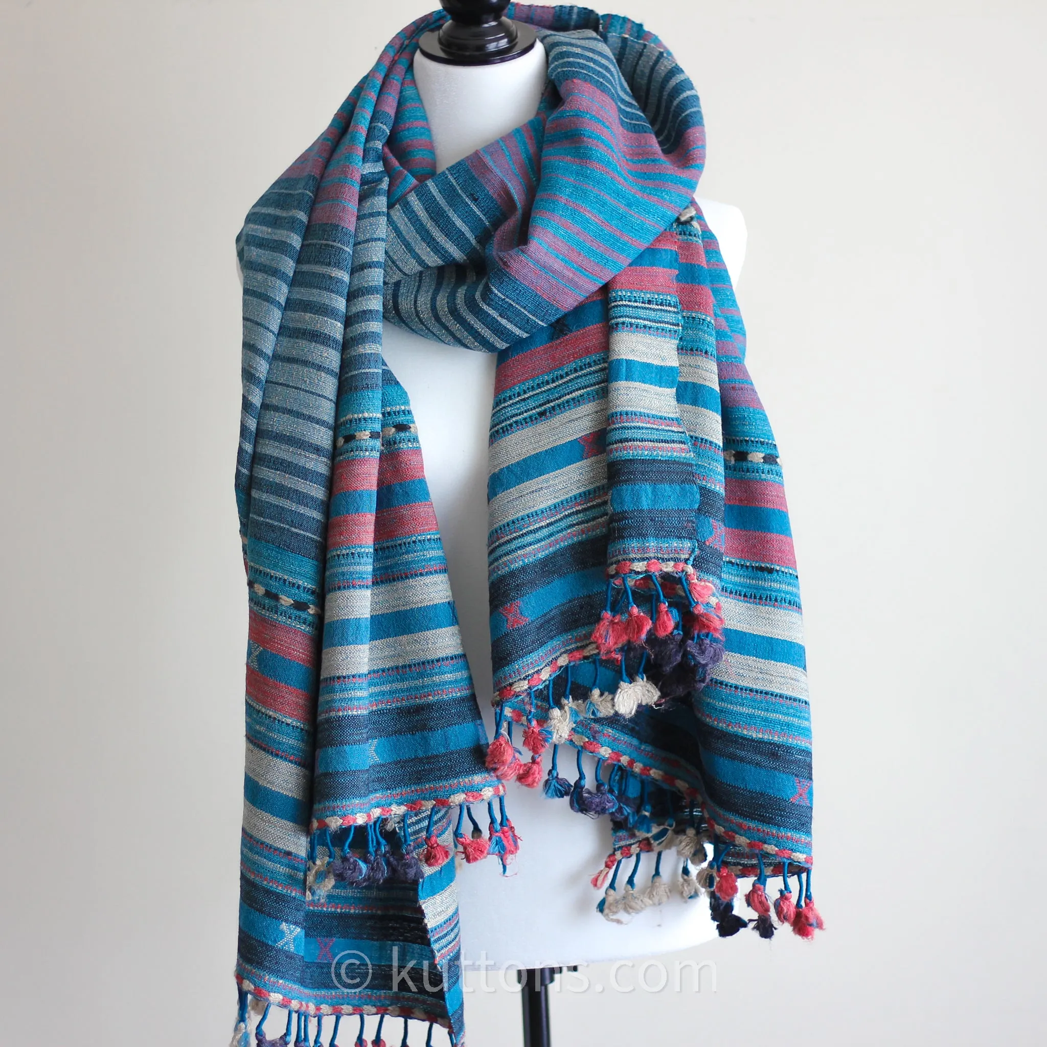 Handwoven Tussar Silk & Merino Wool Shawl - Long Tassels, Striped Pattern | Blue-Pink, 39x86"