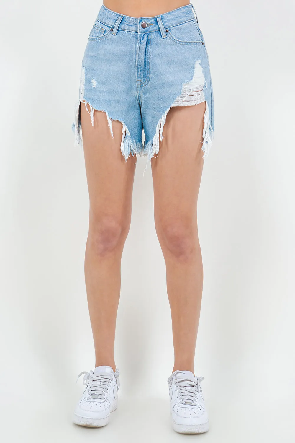 High Waist Fringed Hem Denim Shorts