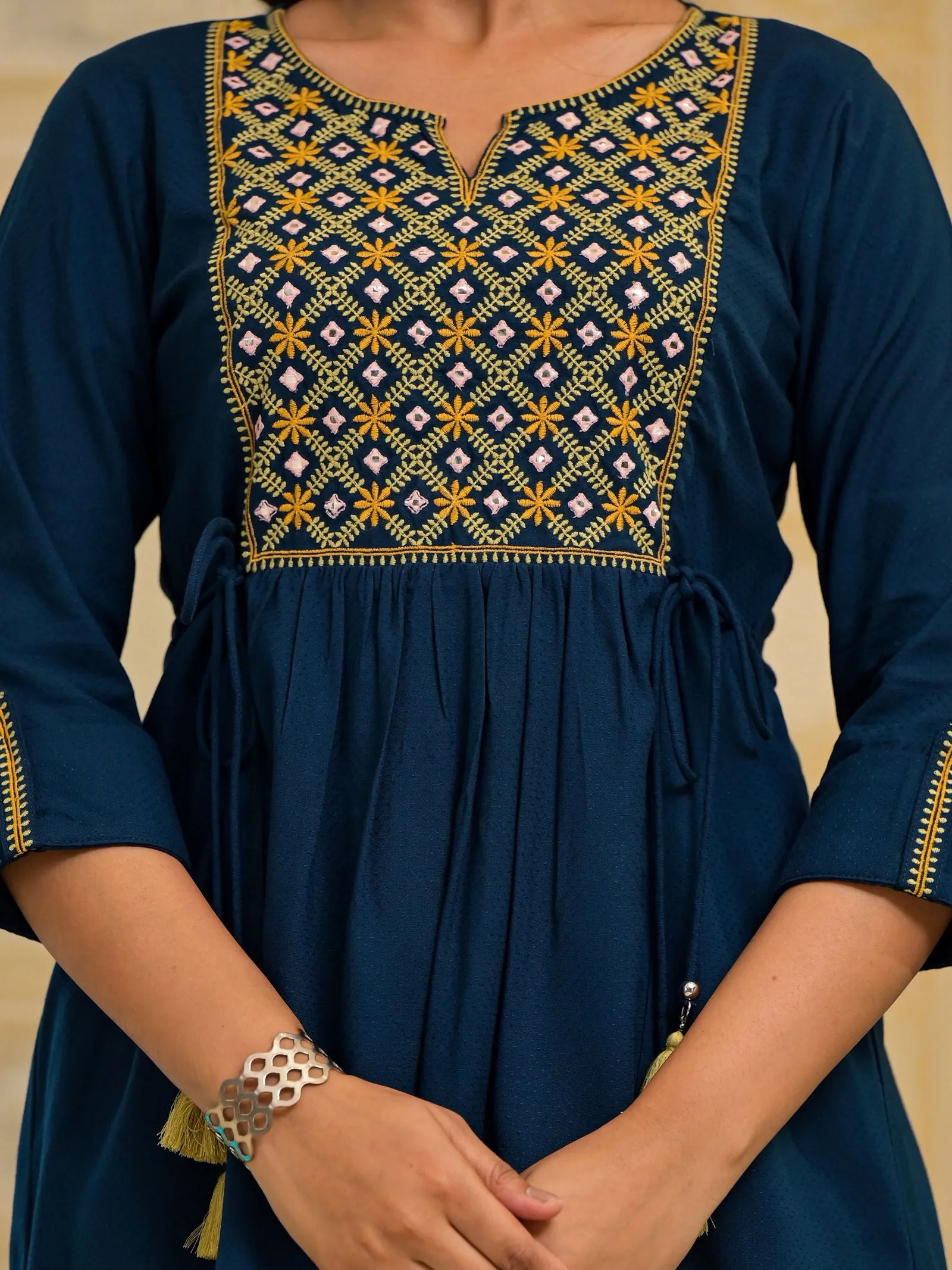 Juniper Blue Thread Embroidered Rayon Tunic With Mirror Work & Tassels