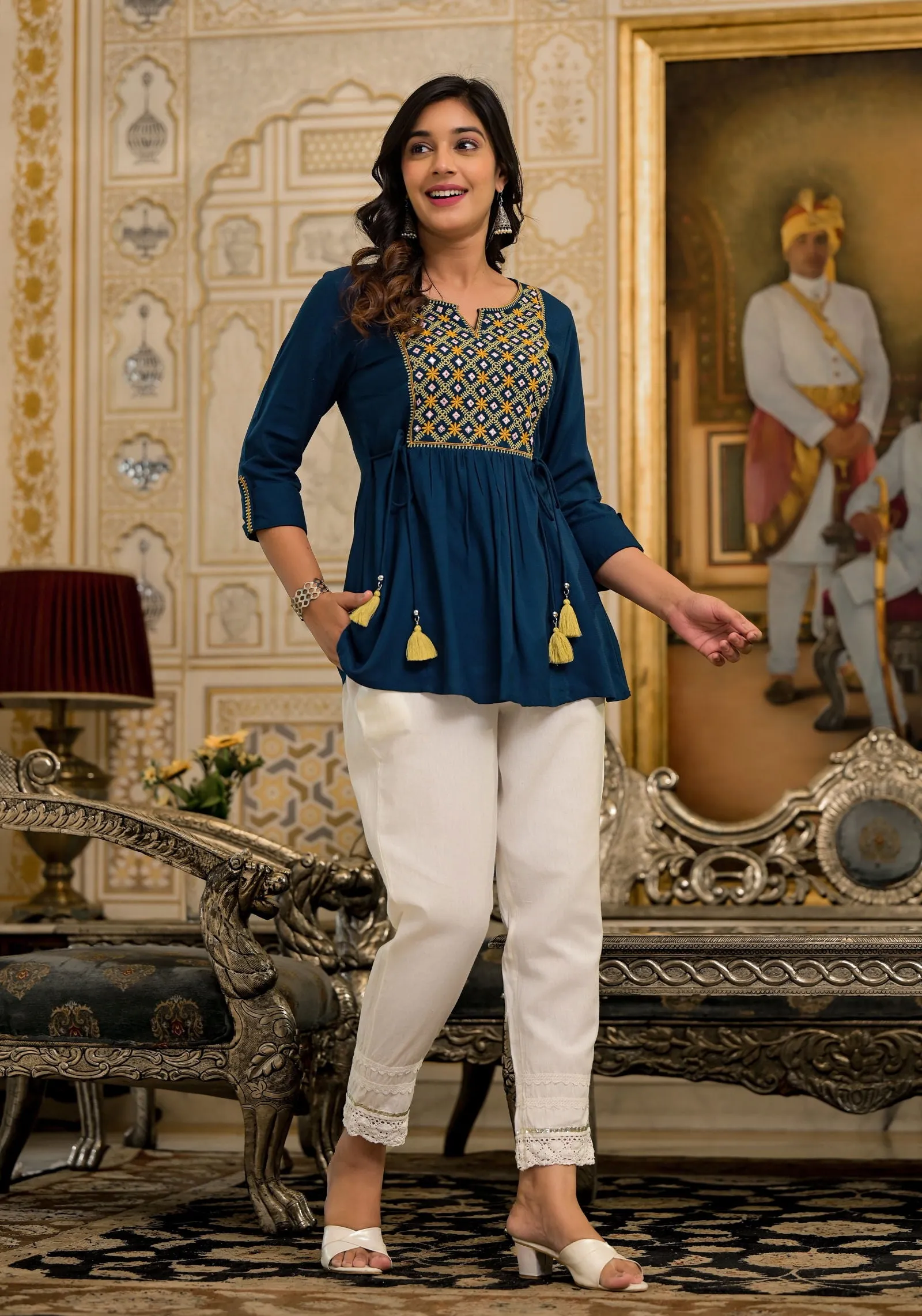 Juniper Blue Thread Embroidered Rayon Tunic With Mirror Work & Tassels