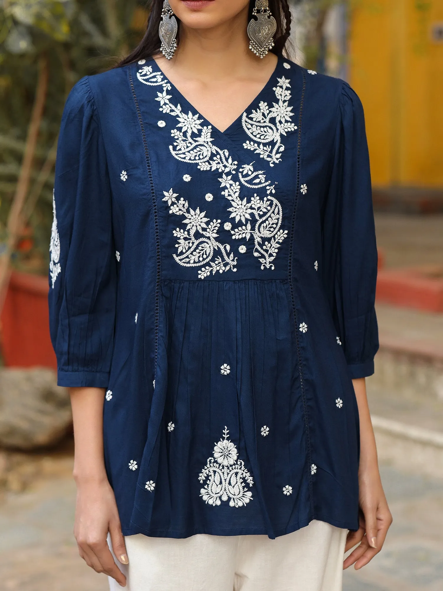 Juniper The Mishri Navy Blue Paisley Rayon Tunic With Thread Work Embroidery