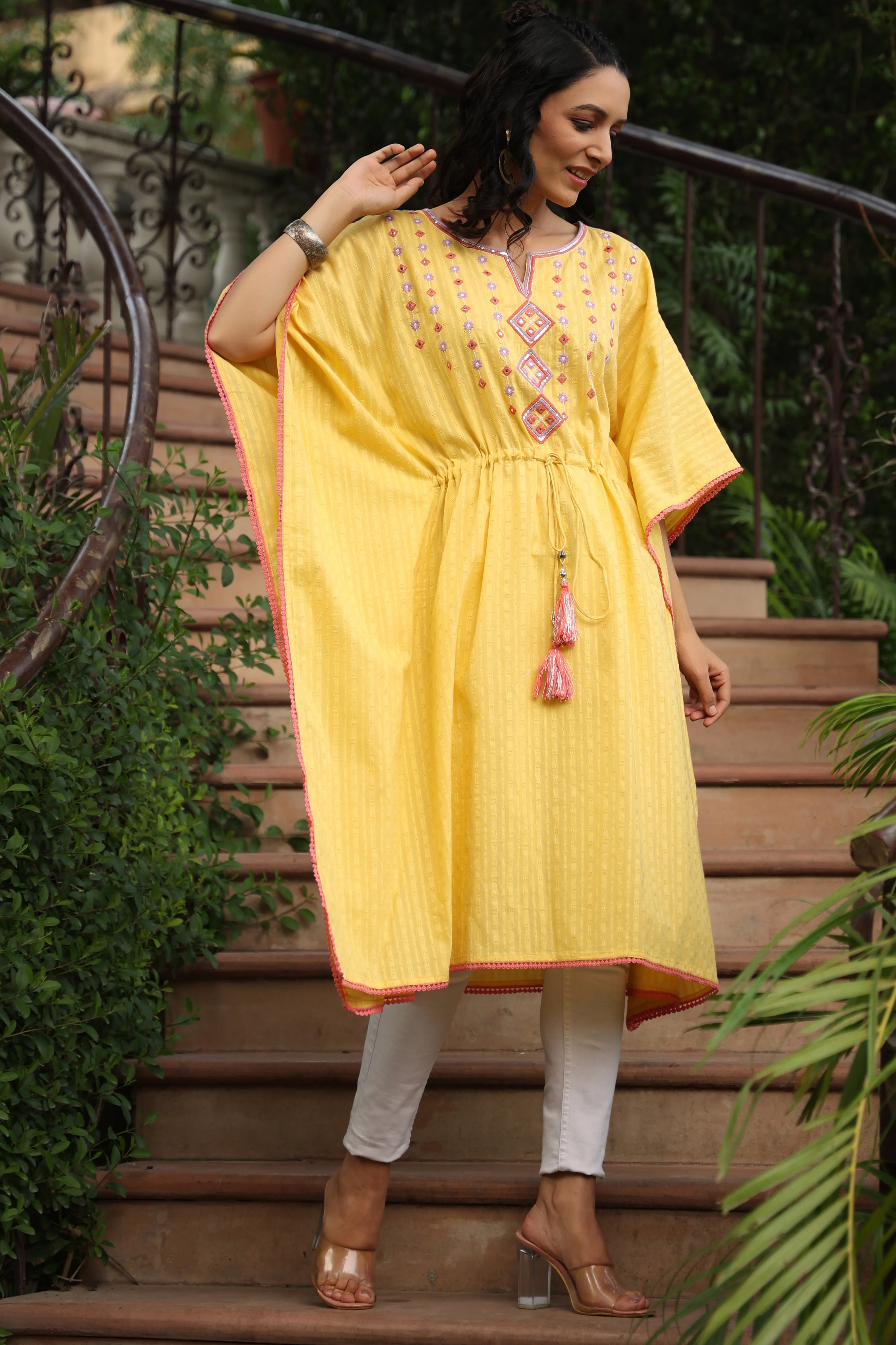 Juniper Yellow Geometric Printed Cotton Dobby Kaftan With Thread Work Embroidery