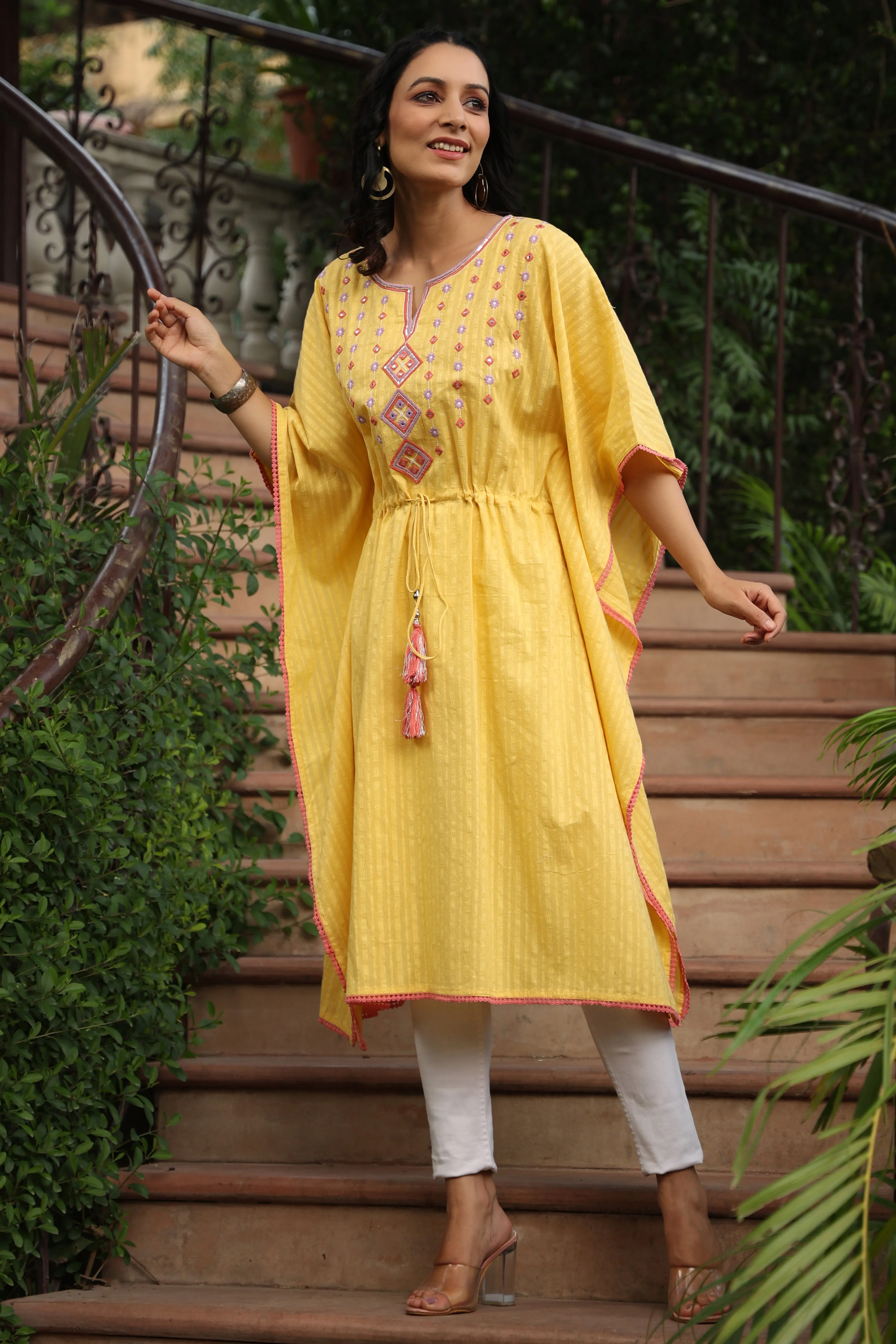 Juniper Yellow Geometric Printed Cotton Dobby Kaftan With Thread Work Embroidery