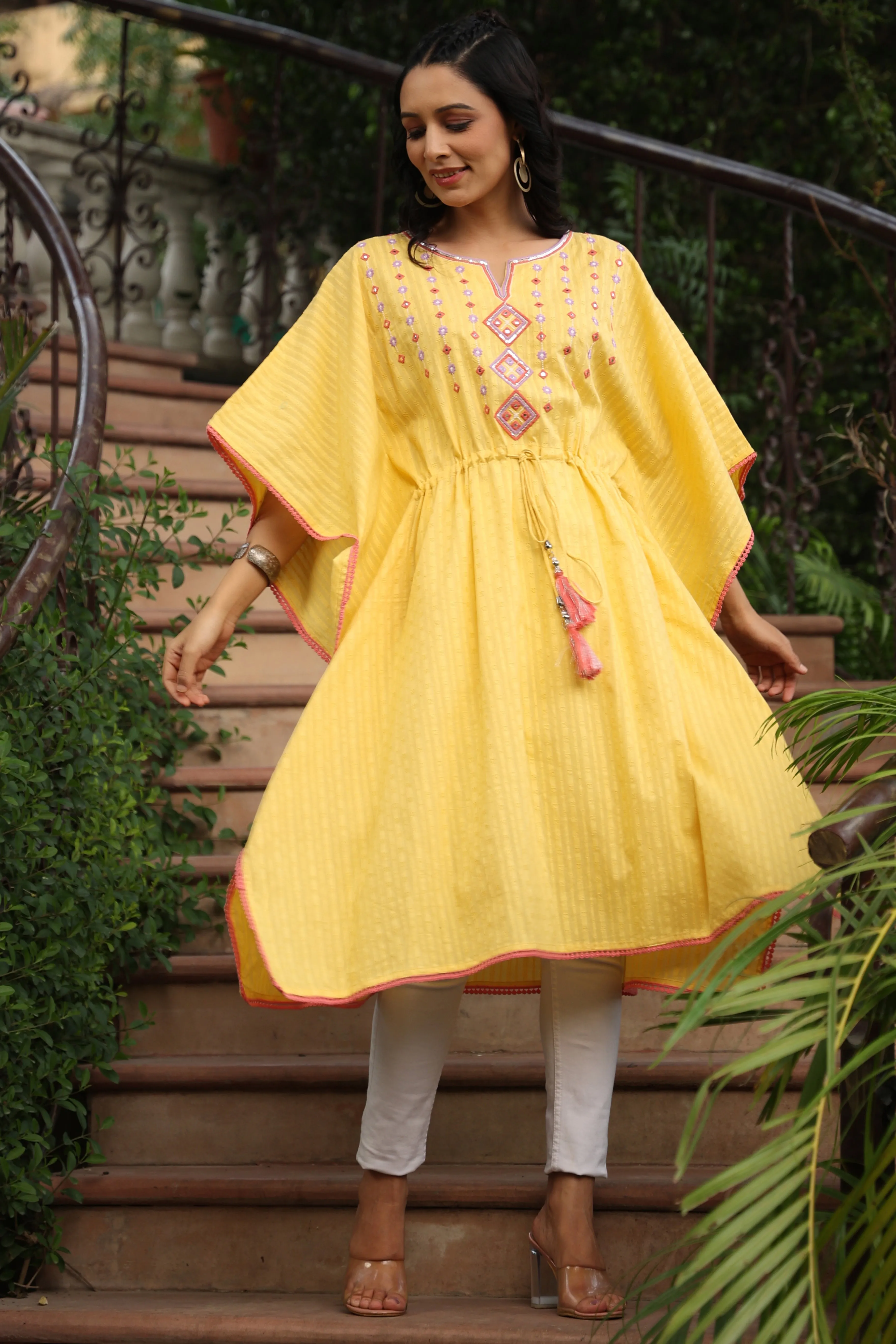 Juniper Yellow Geometric Printed Cotton Dobby Kaftan With Thread Work Embroidery