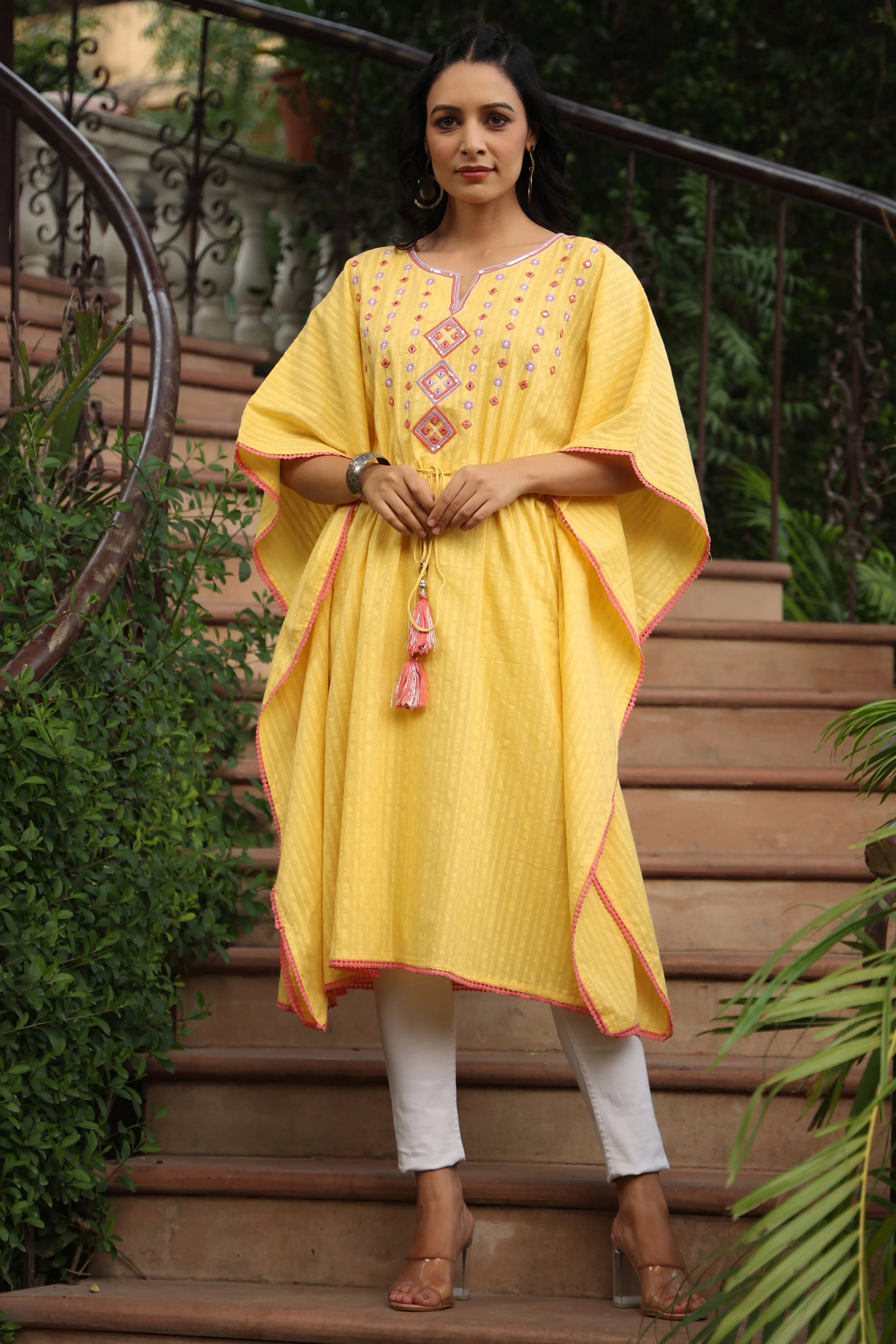 Juniper Yellow Geometric Printed Cotton Dobby Kaftan With Thread Work Embroidery