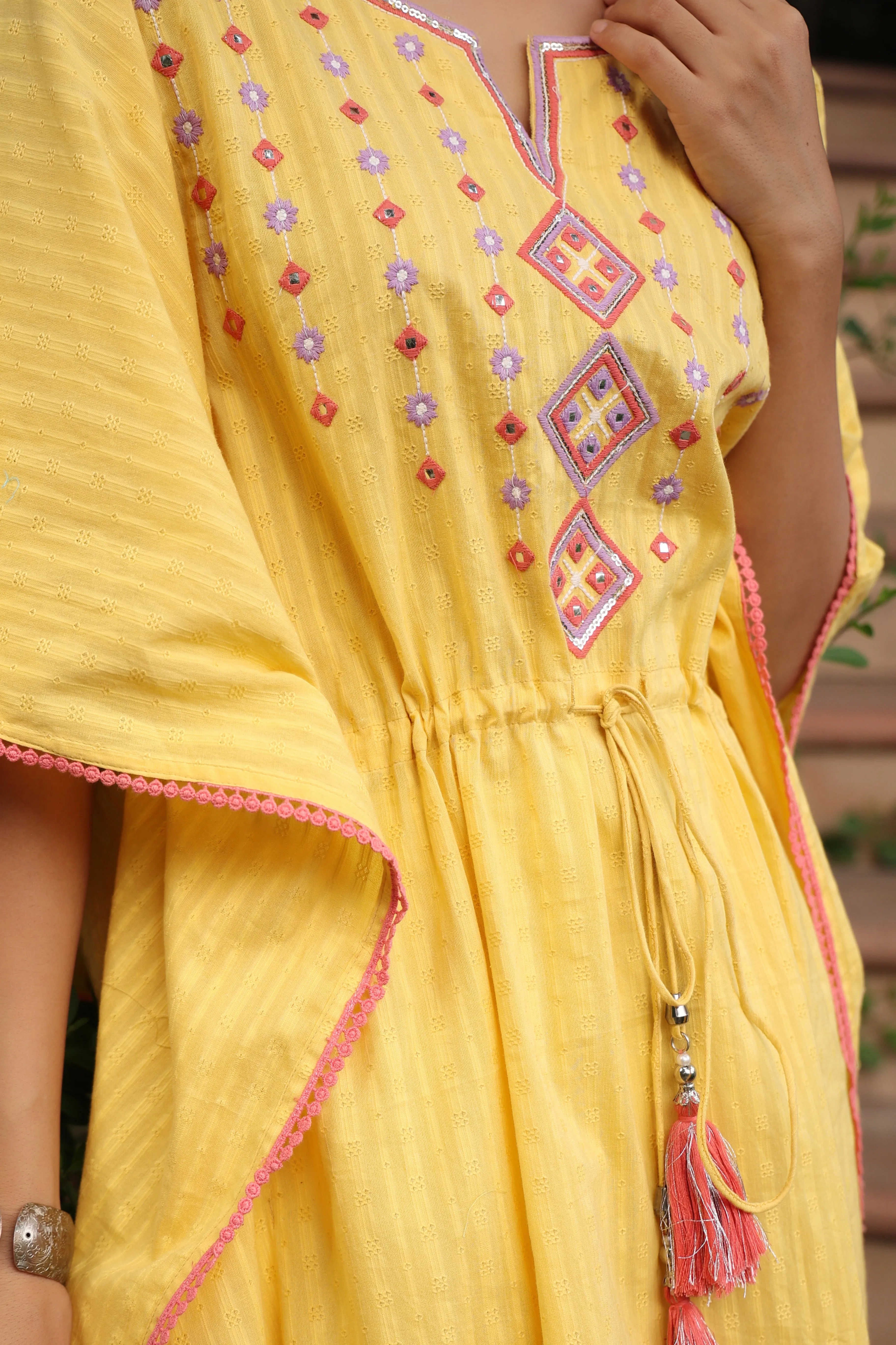 Juniper Yellow Geometric Printed Cotton Dobby Kaftan With Thread Work Embroidery