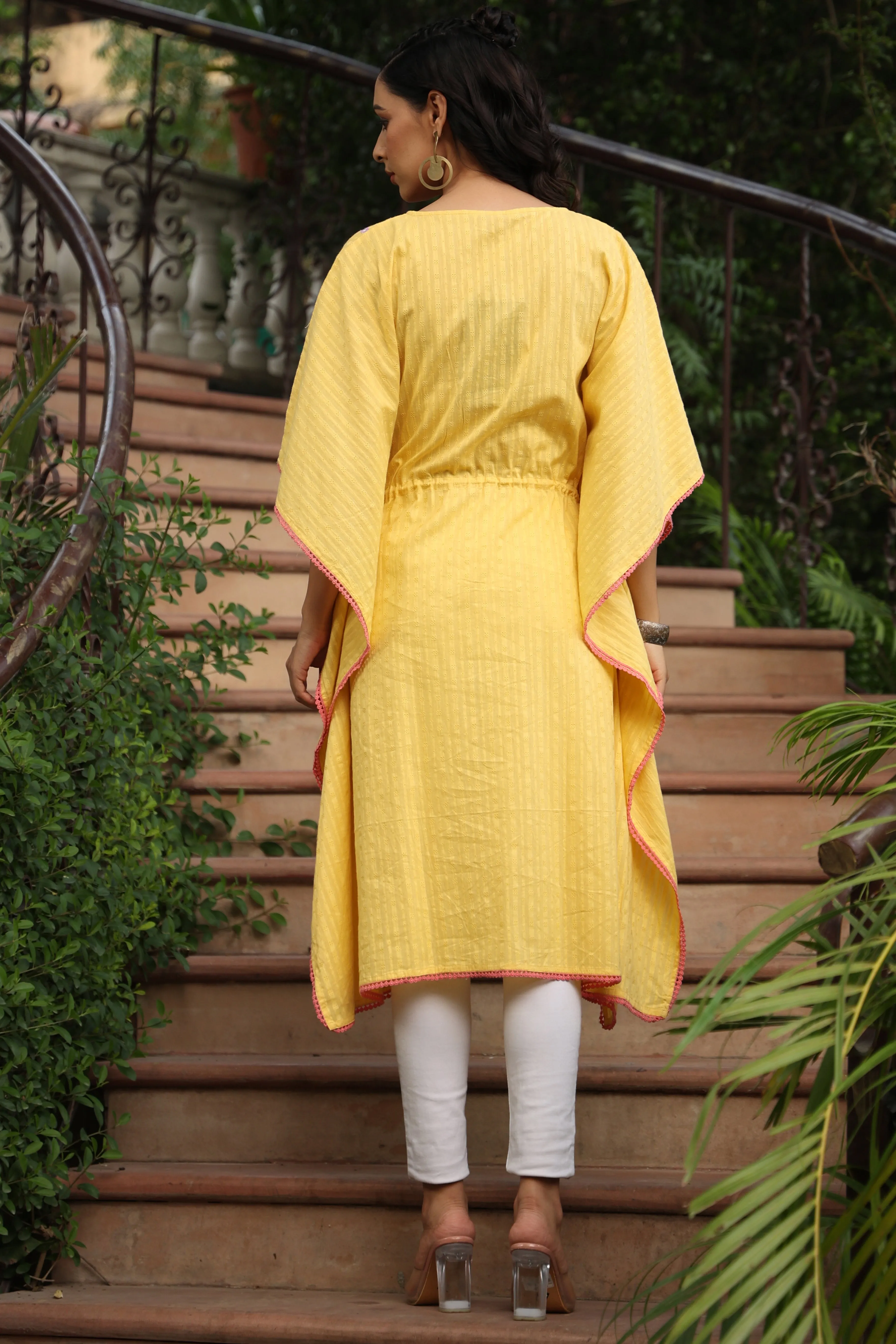 Juniper Yellow Geometric Printed Cotton Dobby Kaftan With Thread Work Embroidery