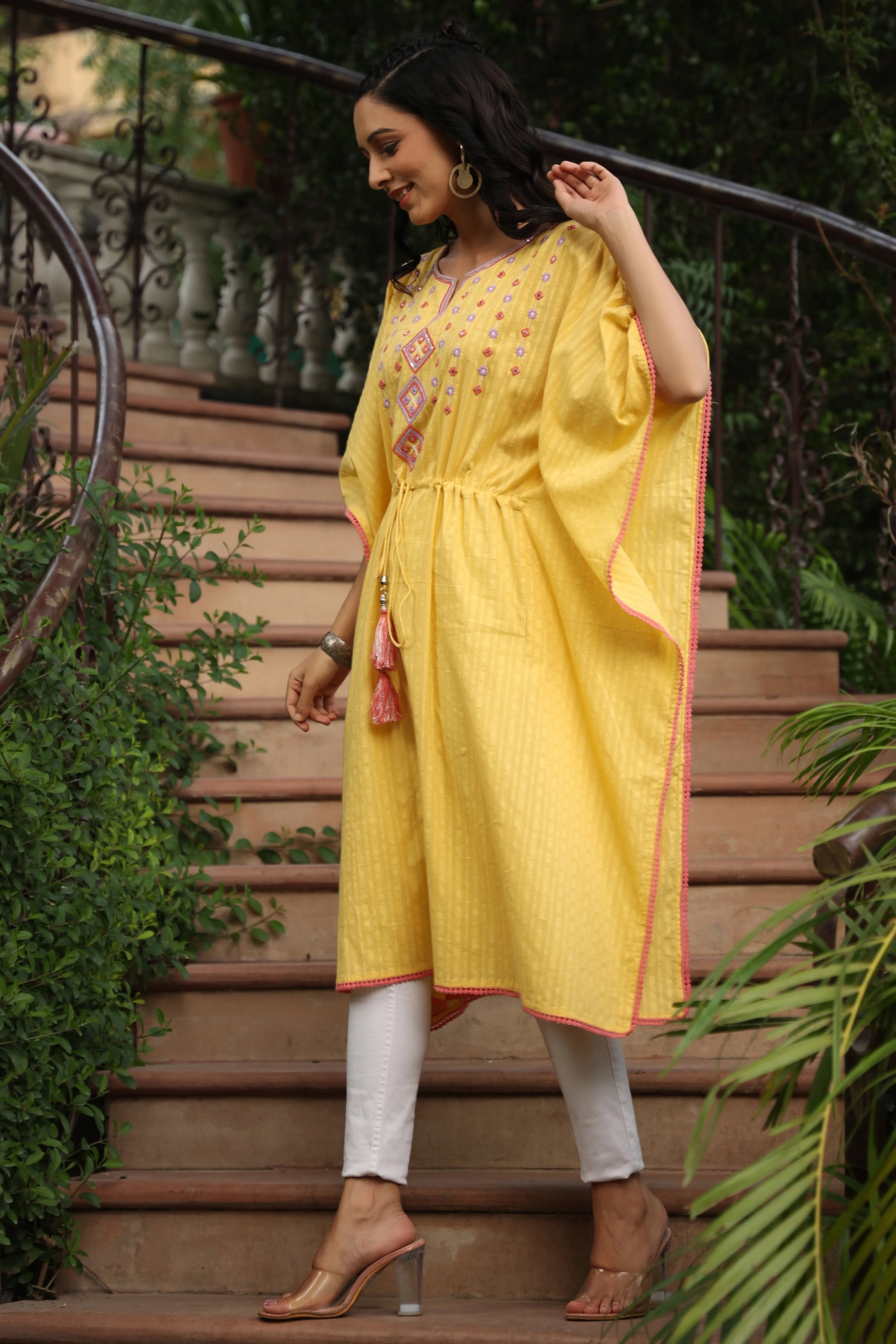 Juniper Yellow Geometric Printed Cotton Dobby Kaftan With Thread Work Embroidery