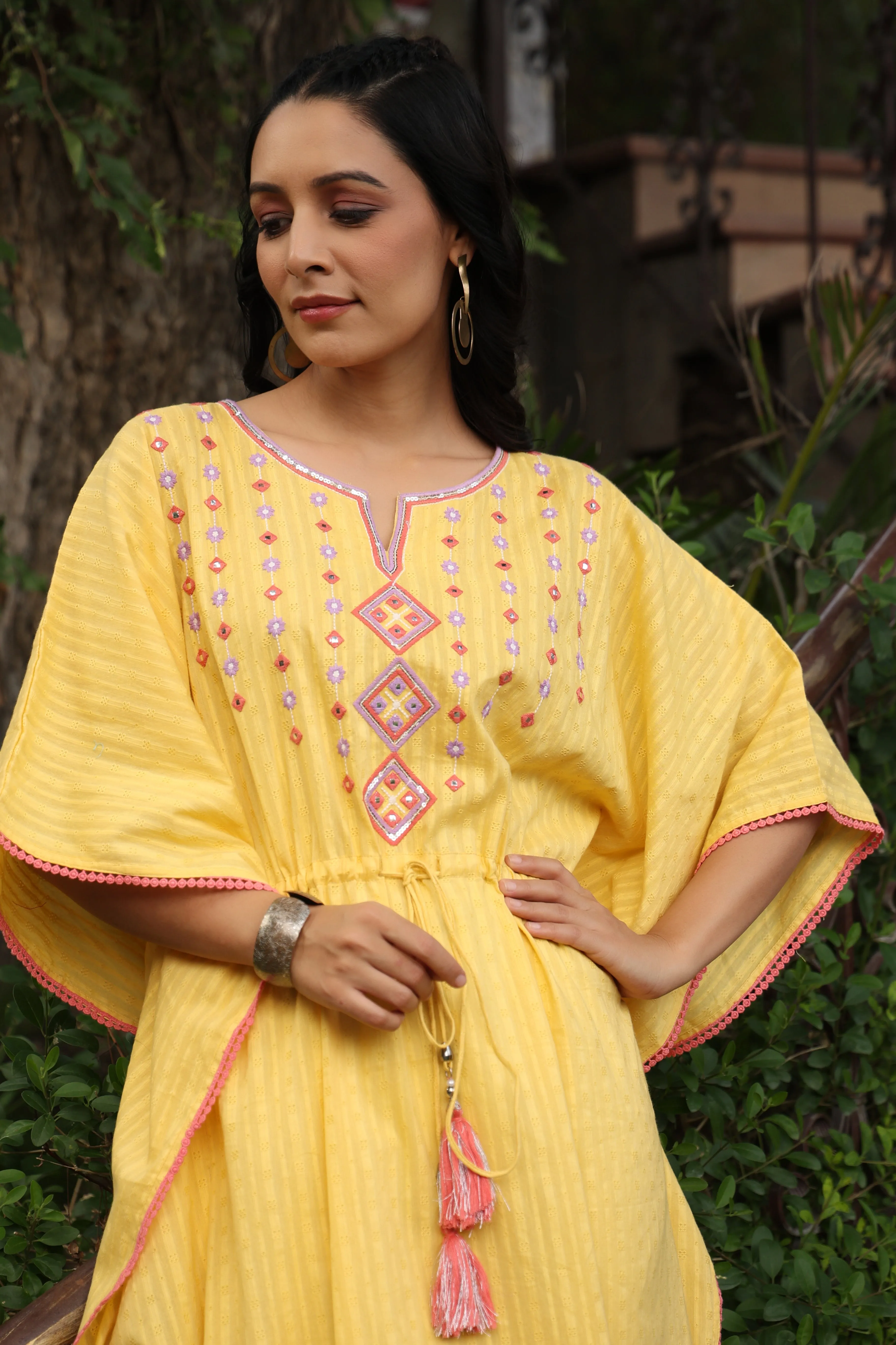 Juniper Yellow Geometric Printed Cotton Dobby Kaftan With Thread Work Embroidery