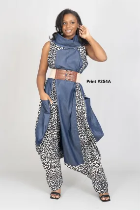 KaraChic 7702 Authentic African Print and Denim Panel Convertible Dress Jumpsuit