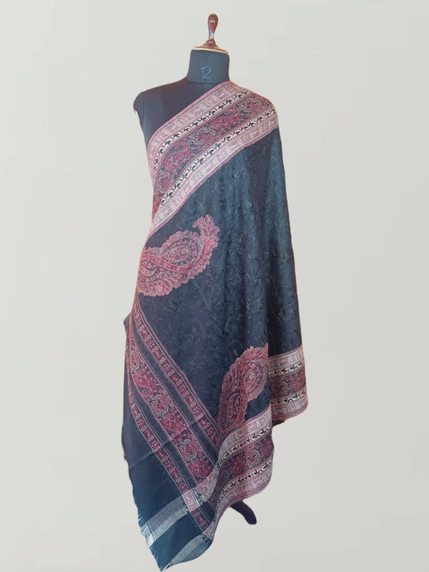 Kashmiri Wool Work Shawl | Black | Handwork