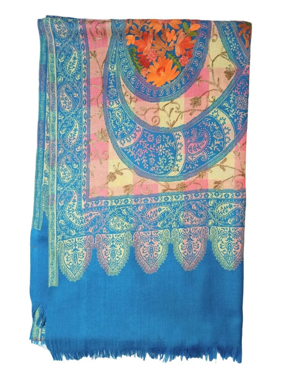 Kashmiri Wool Work Shawl | Sky-Blue Colour | Handwork