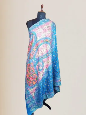 Kashmiri Wool Work Shawl | Sky-Blue Colour | Handwork