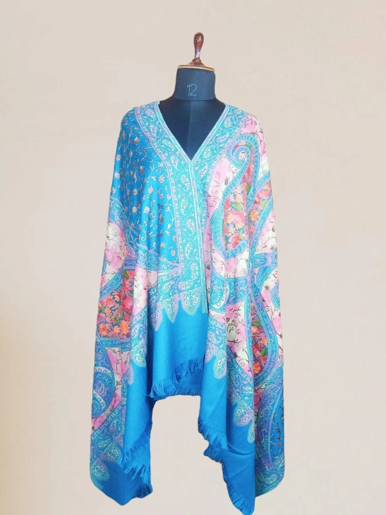 Kashmiri Wool Work Shawl | Sky-Blue Colour | Handwork