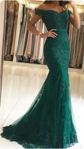 Lace beaded tulle maxi evening dress off the shoulder mermaid formal party dress SH558