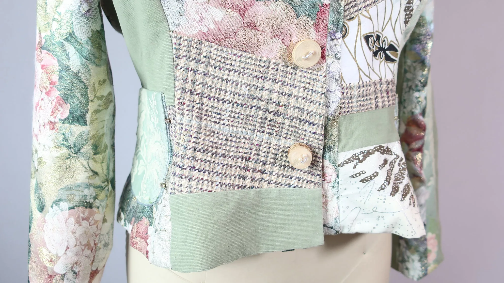 Large Patchwork Fitted Jacket with Mixed Fabrics and Beads