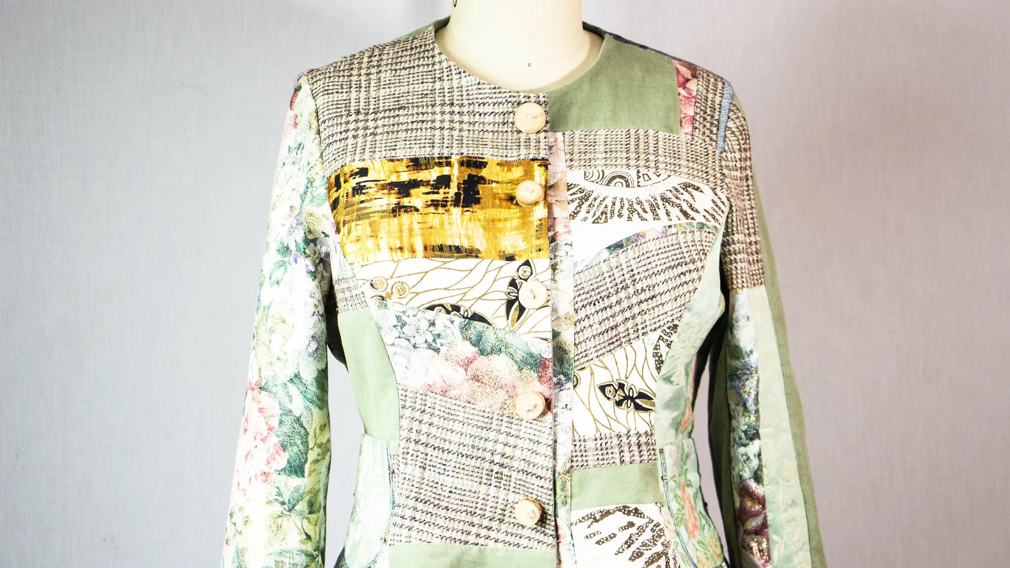 Large Patchwork Fitted Jacket with Mixed Fabrics and Beads